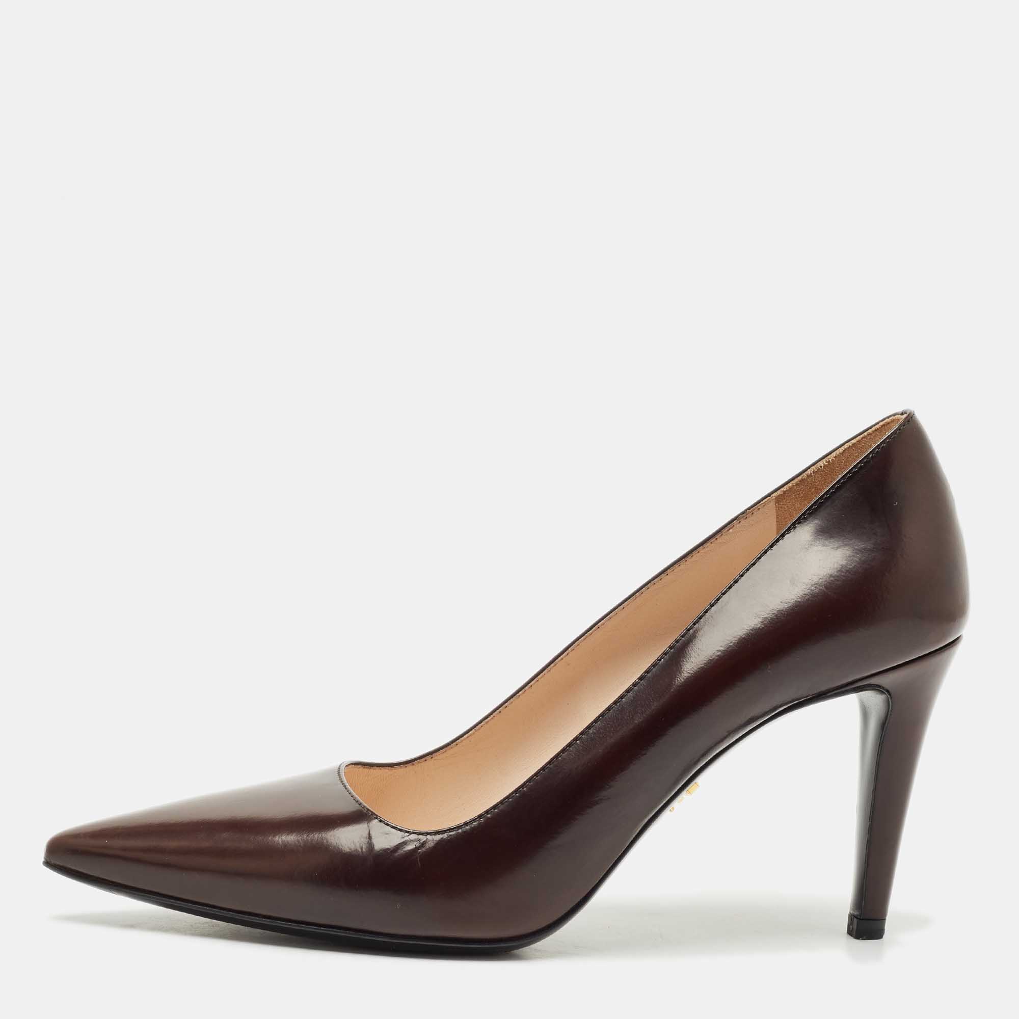 Pre Owned Prada Dark Brown Saffiano Leather Pointed Toe Pumps Size 37.5