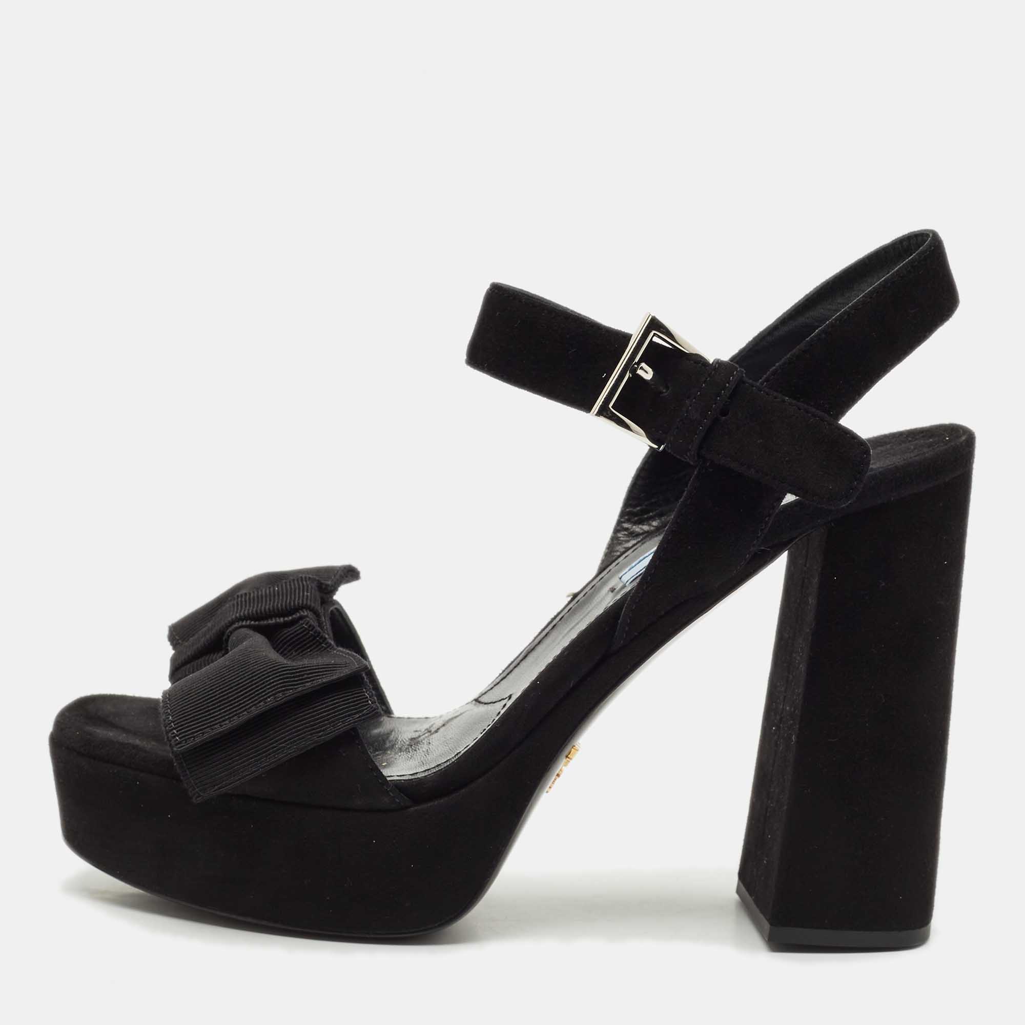 Prada Black Suede Ankle Strap Block Heel Platform Sandals Size 39