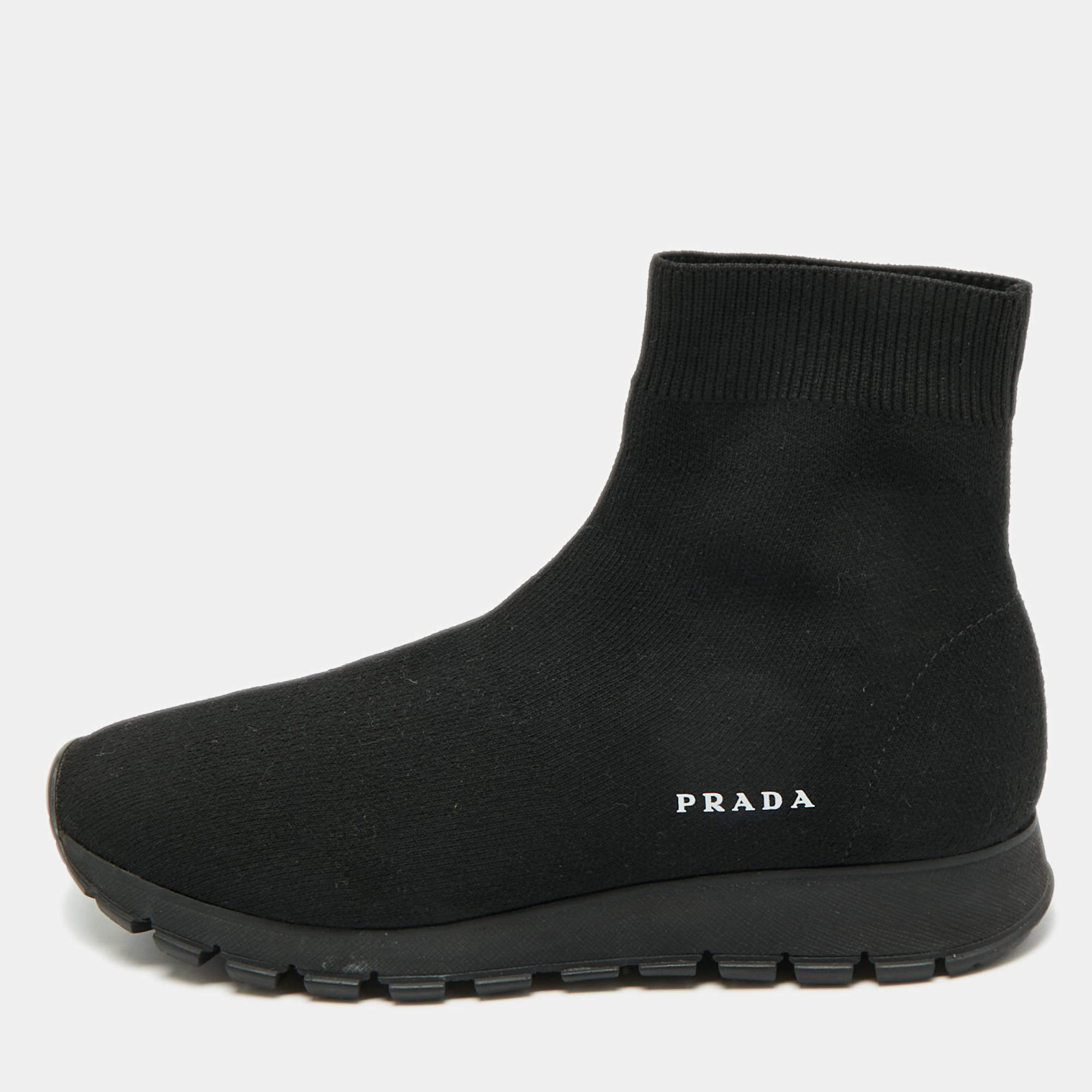 Pre Owned Prada Black Knit Fabric Sock Runner High Top Sneakers Size 35.5
