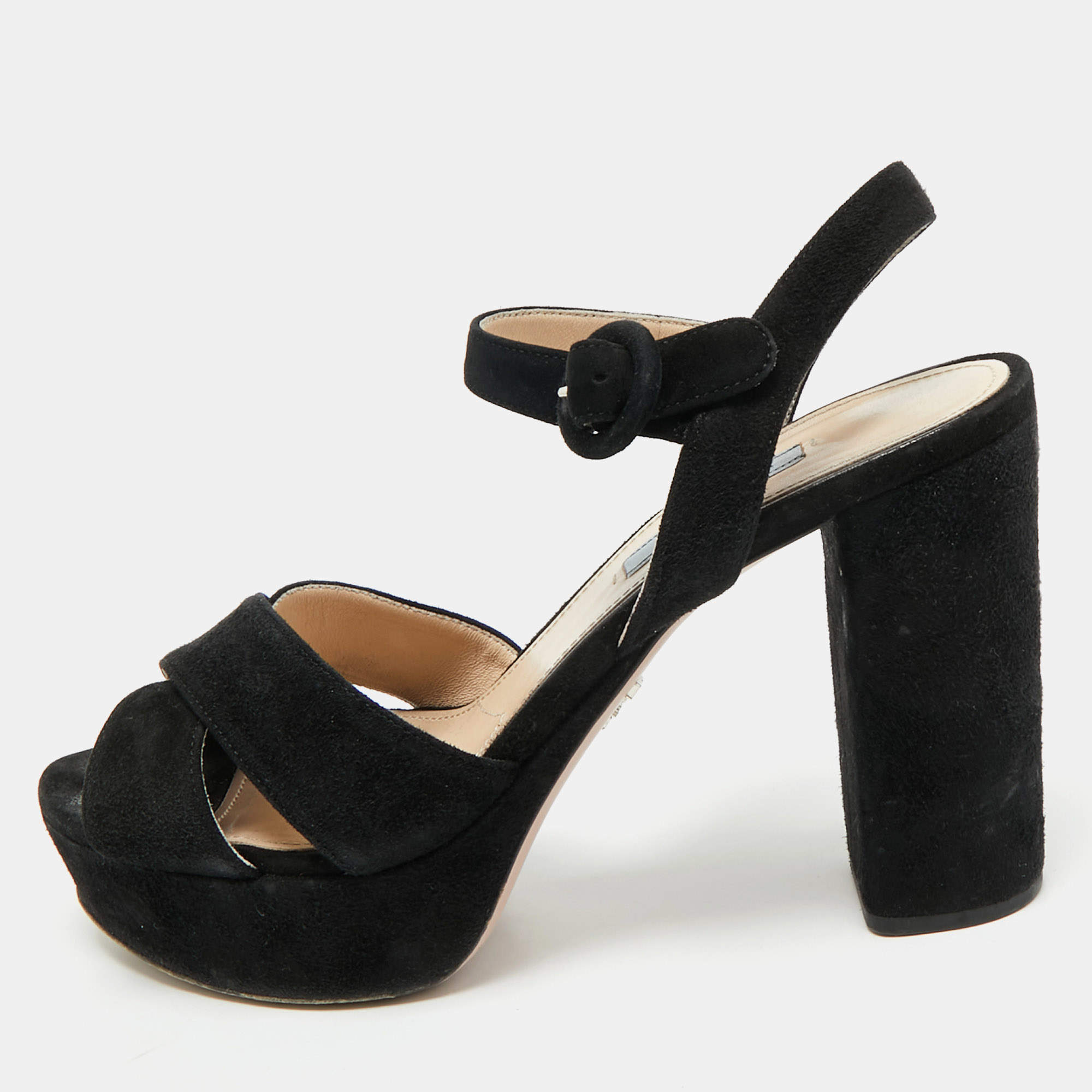 Pre Owned Prada Black Suede Platform Ankle Strap Sandals Size 38.5