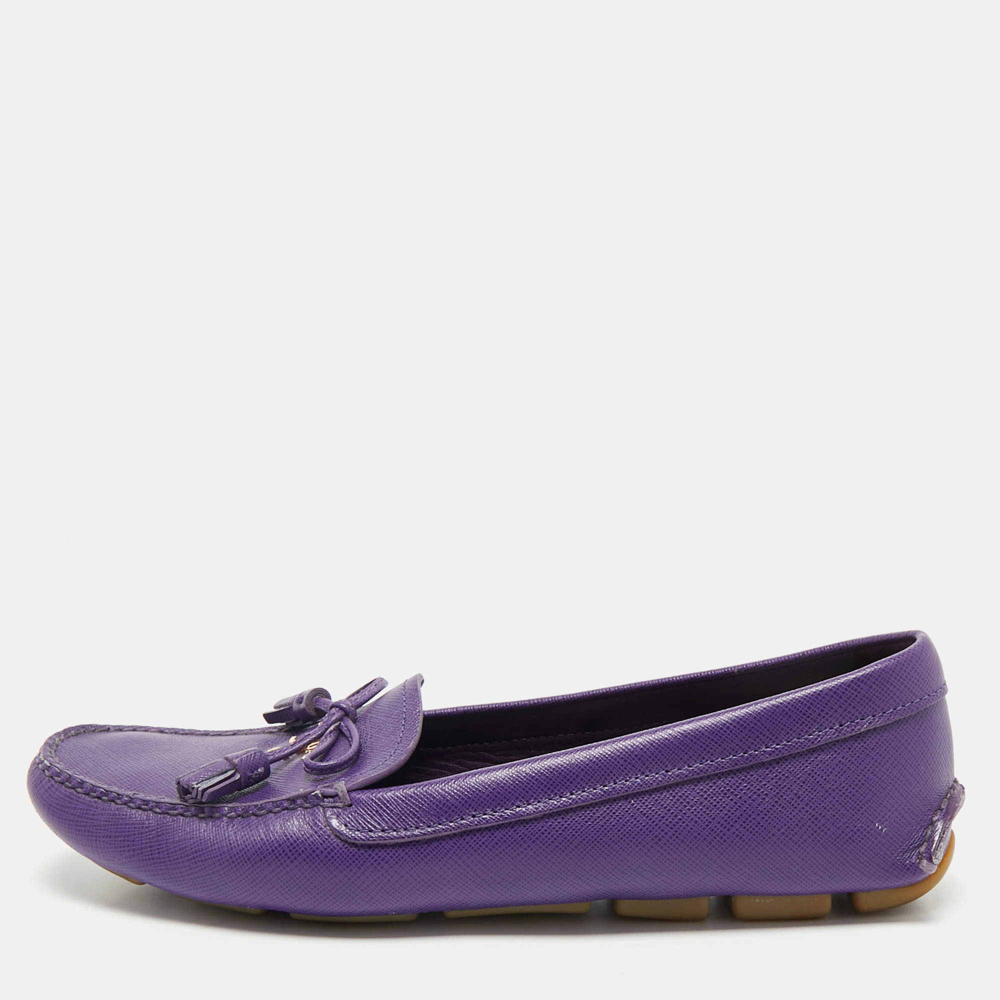 Pre Owned Prada Purple Saffiano Leather Slip On Loafers Size 38