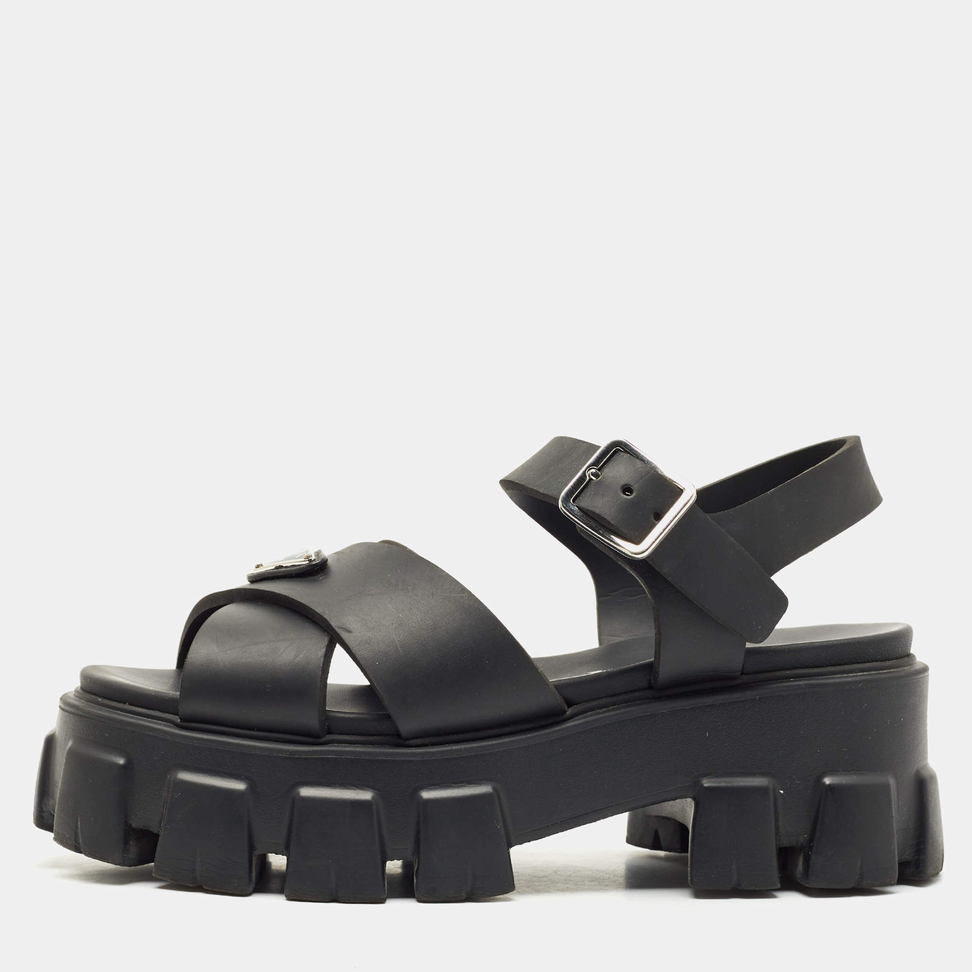 Pre Owned Prada Black Rubber Monolith Sandals Size 36