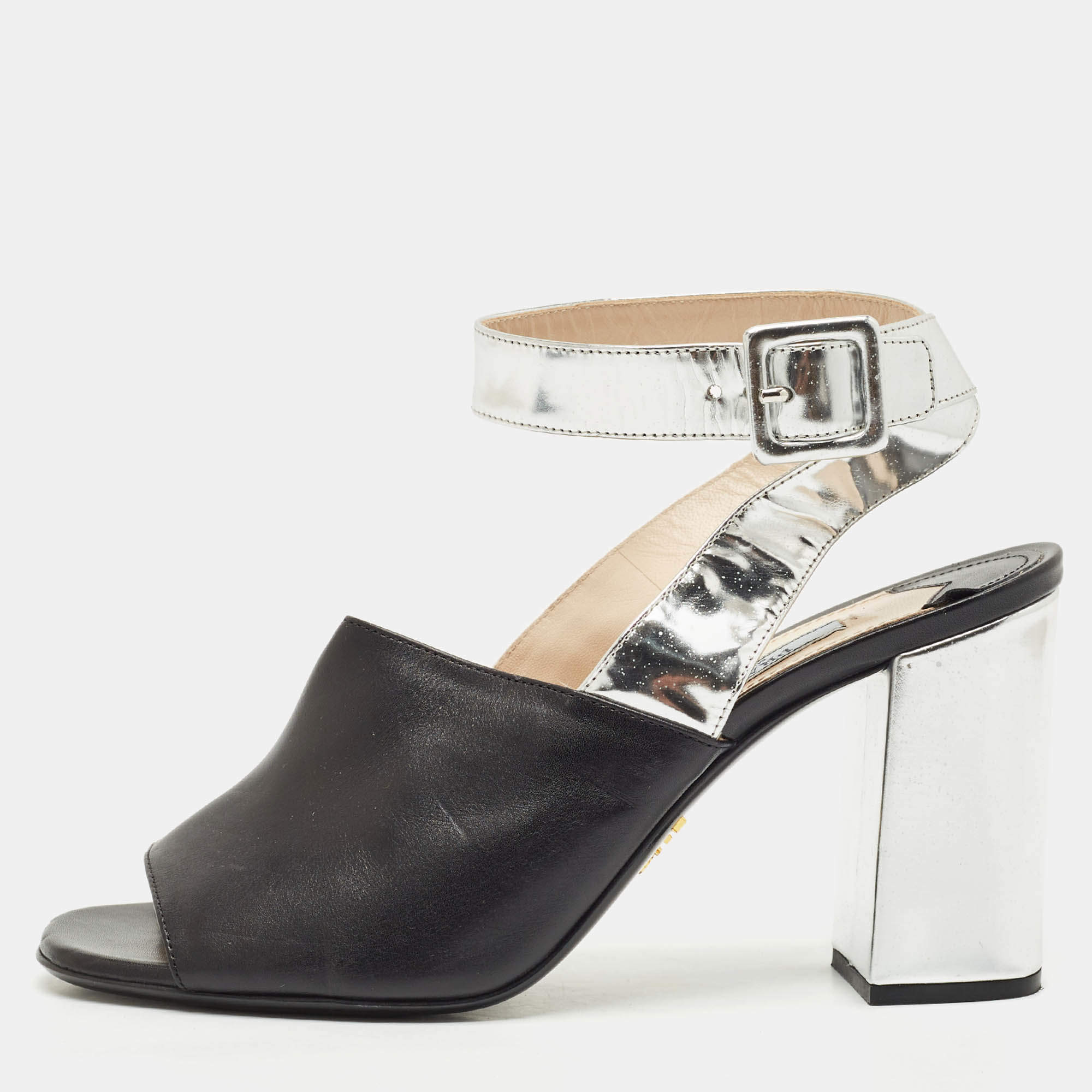 Pre Owned Prada Black/Silver Leather Ankle Strap Sandals Size 38
