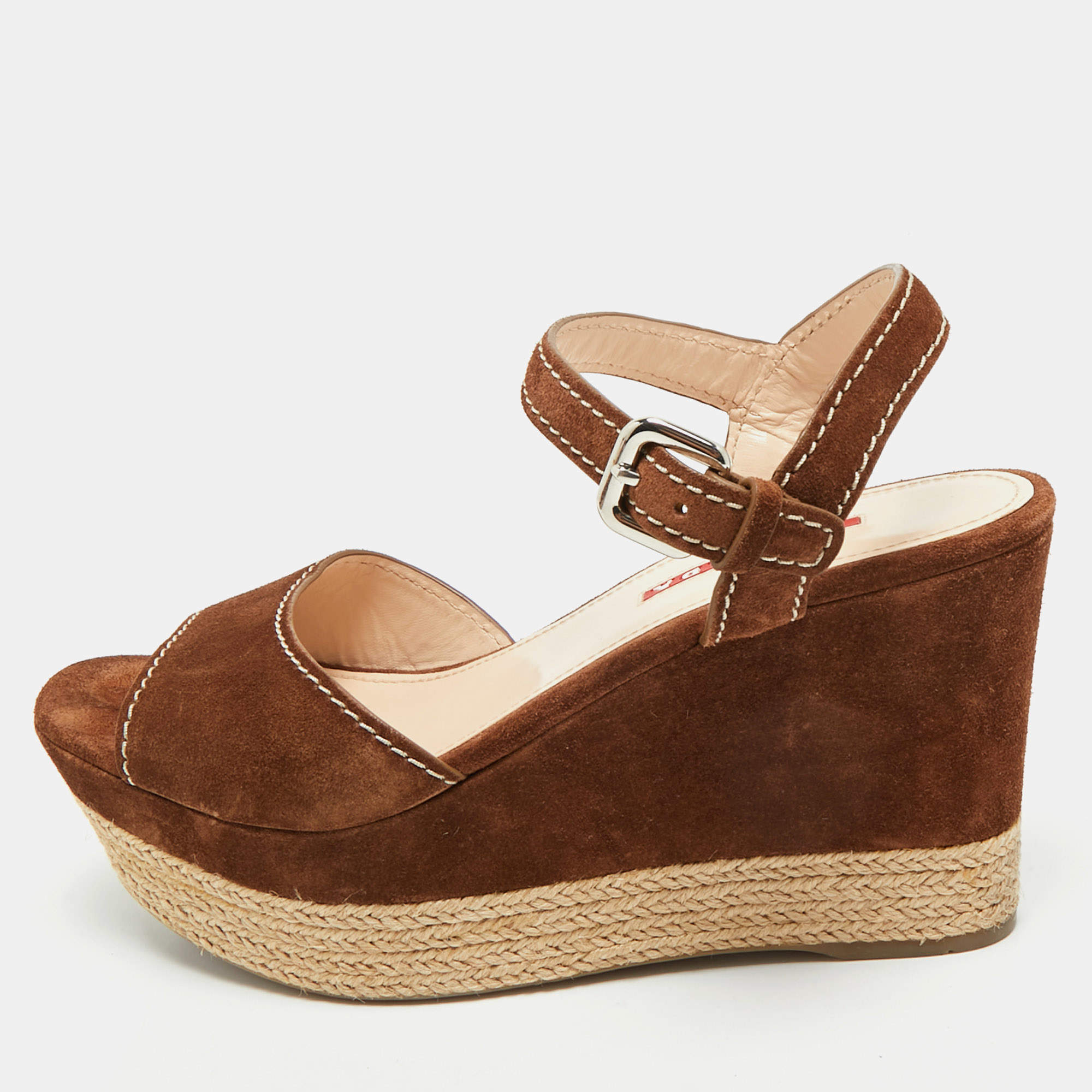 Pre Owned Prada Brown Suede Ankle Strap Wedge Sandals Size 38.5