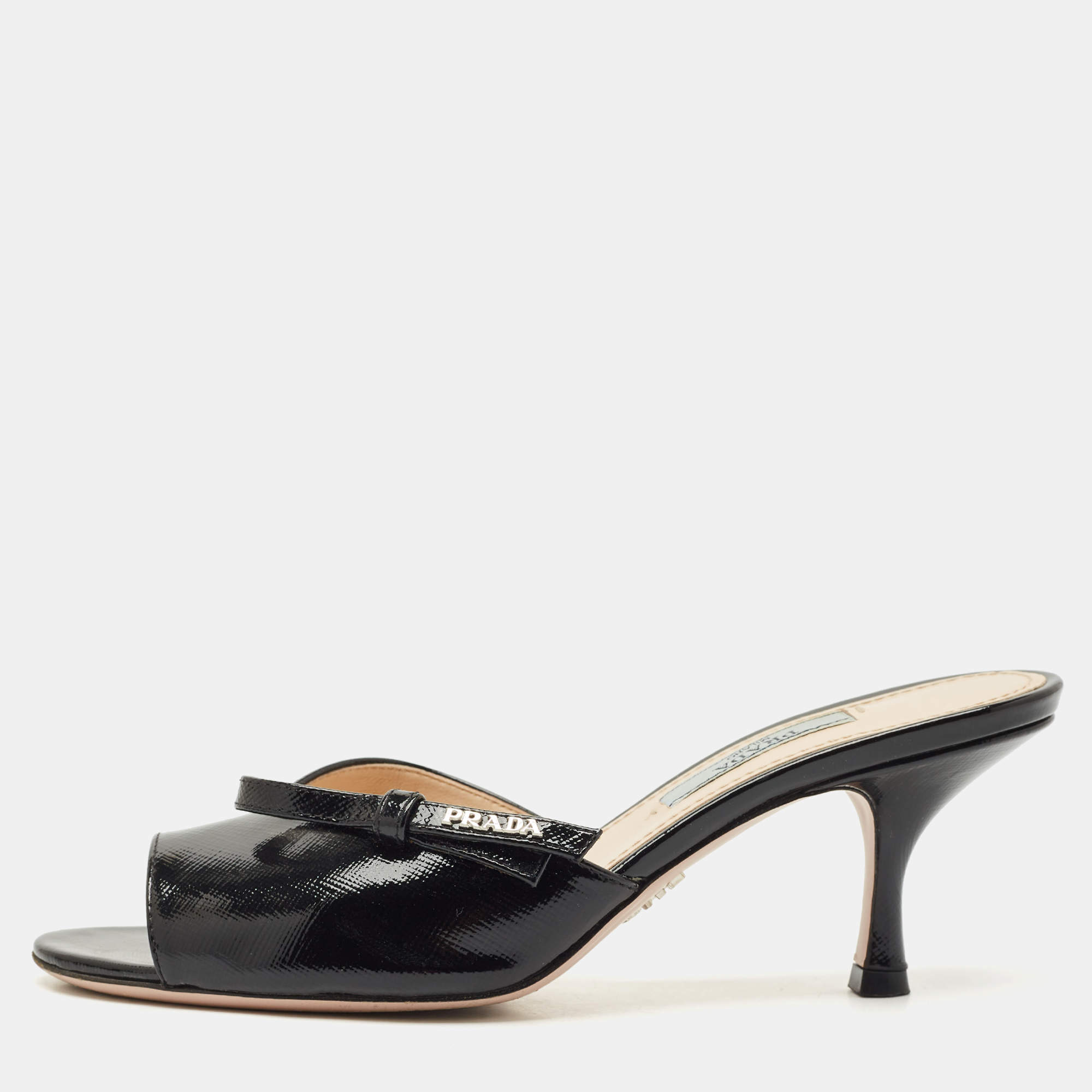 Pre Owned Prada Black Patent Leather Logo Slide Sandals Size 36.5