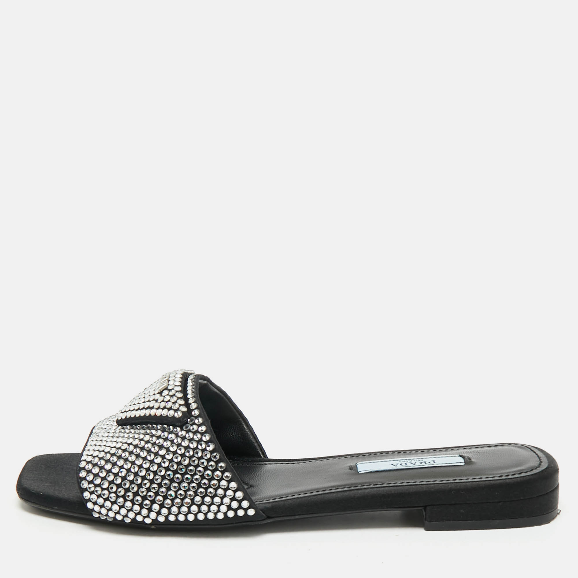 Prada Black Satin Crystal Embellished Flat Slides Size 36.5