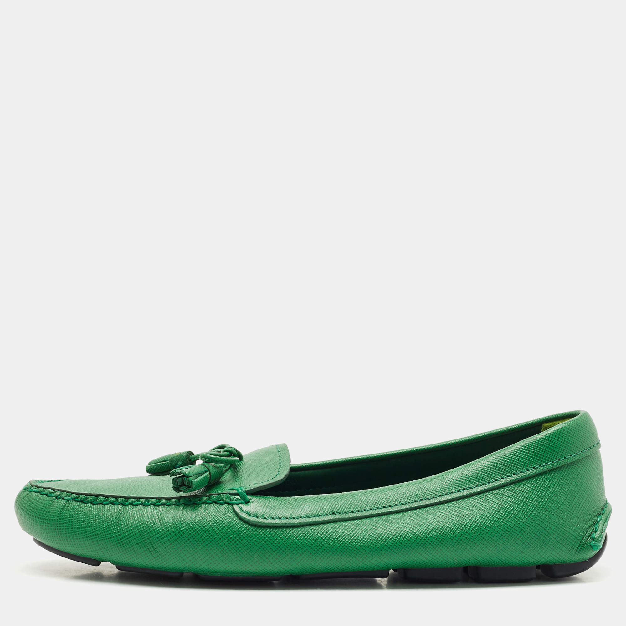 Pre Owned Prada Green Saffiano Leather Bow Slip On Loafers Size 38