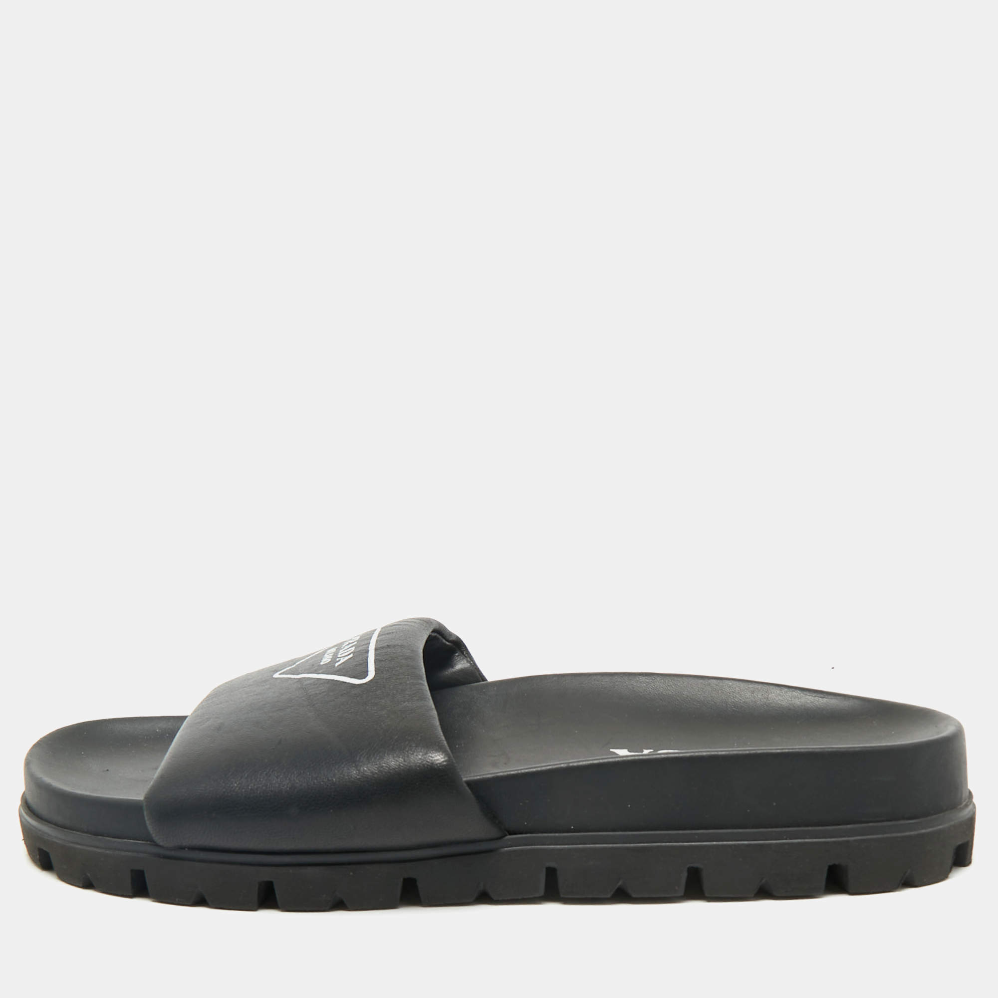 Prada Black Soft Padded Leather Logo Print Flat Slide Sandals Size 38