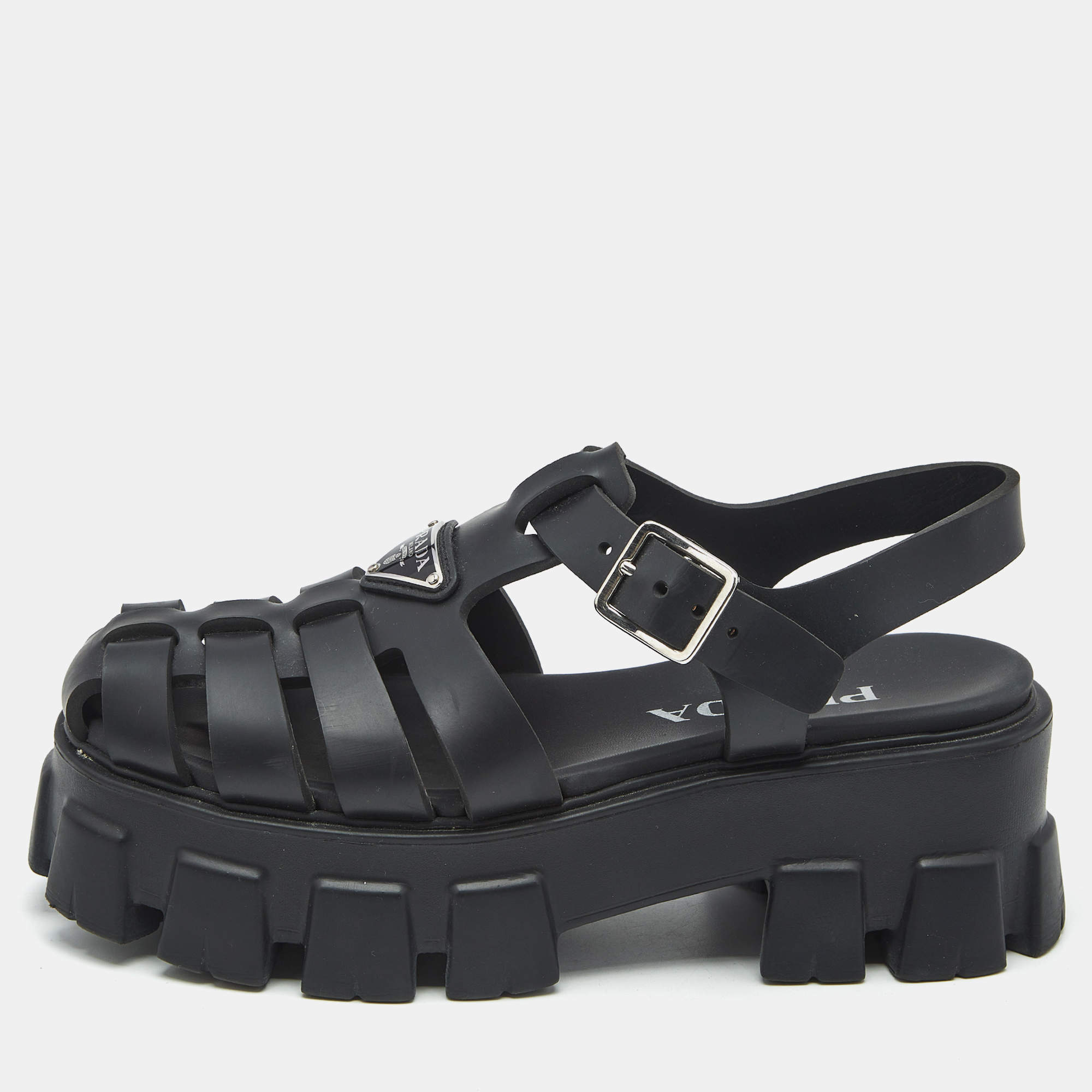 Pre Owned Prada Black Rubber Monolith Platform Sandals Size 37