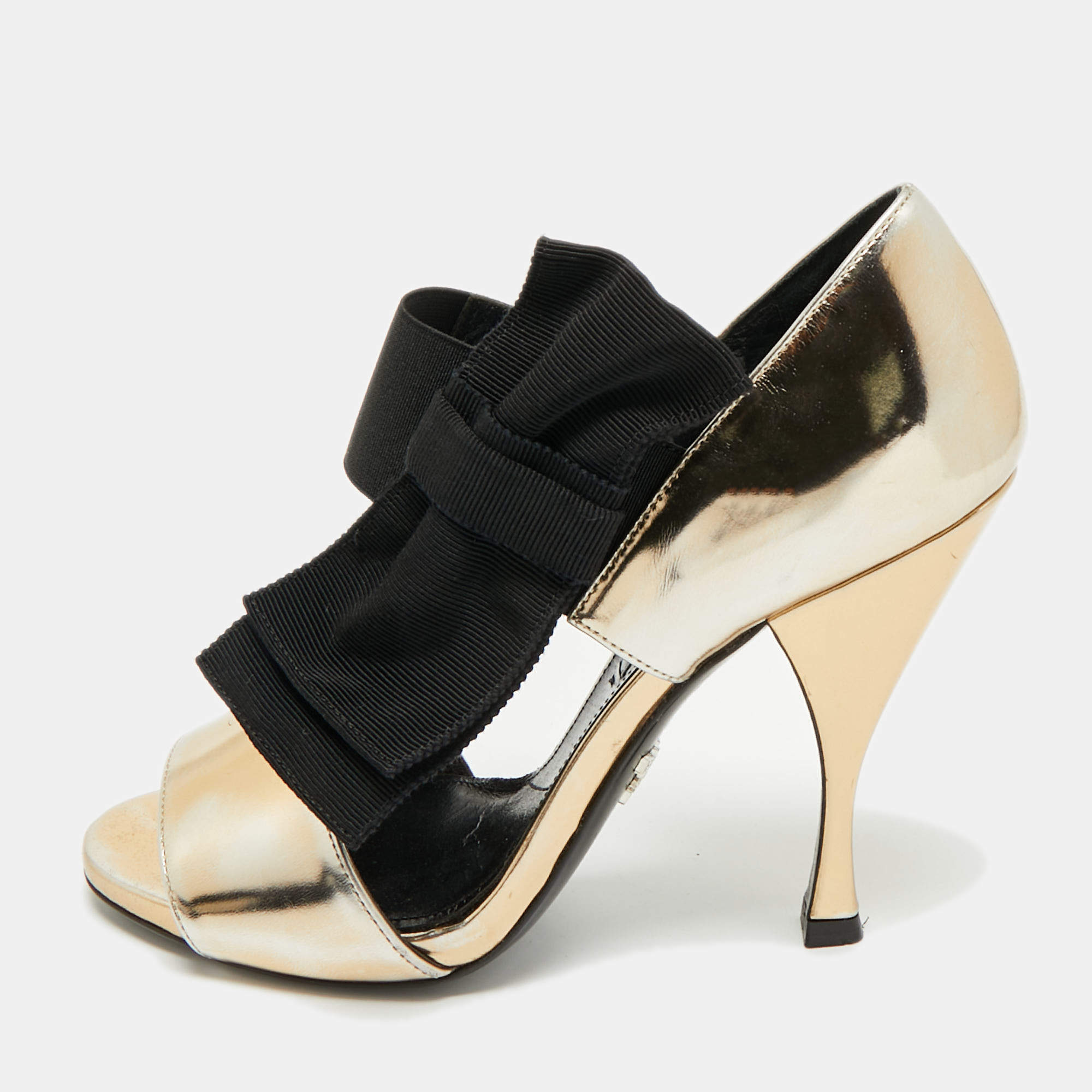 Pre Owned Prada Gold/Black Leather and Grosgrain Bow Ankle Strap Sandals Size 36.5