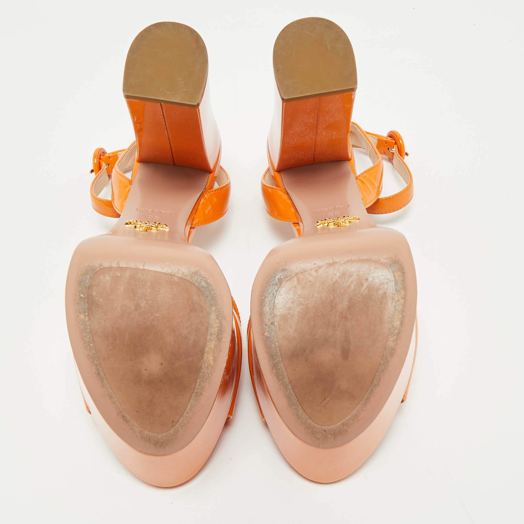 Pre Owned Prada Orange Patent Leather Platform Ankle Strap Sandals Size 36