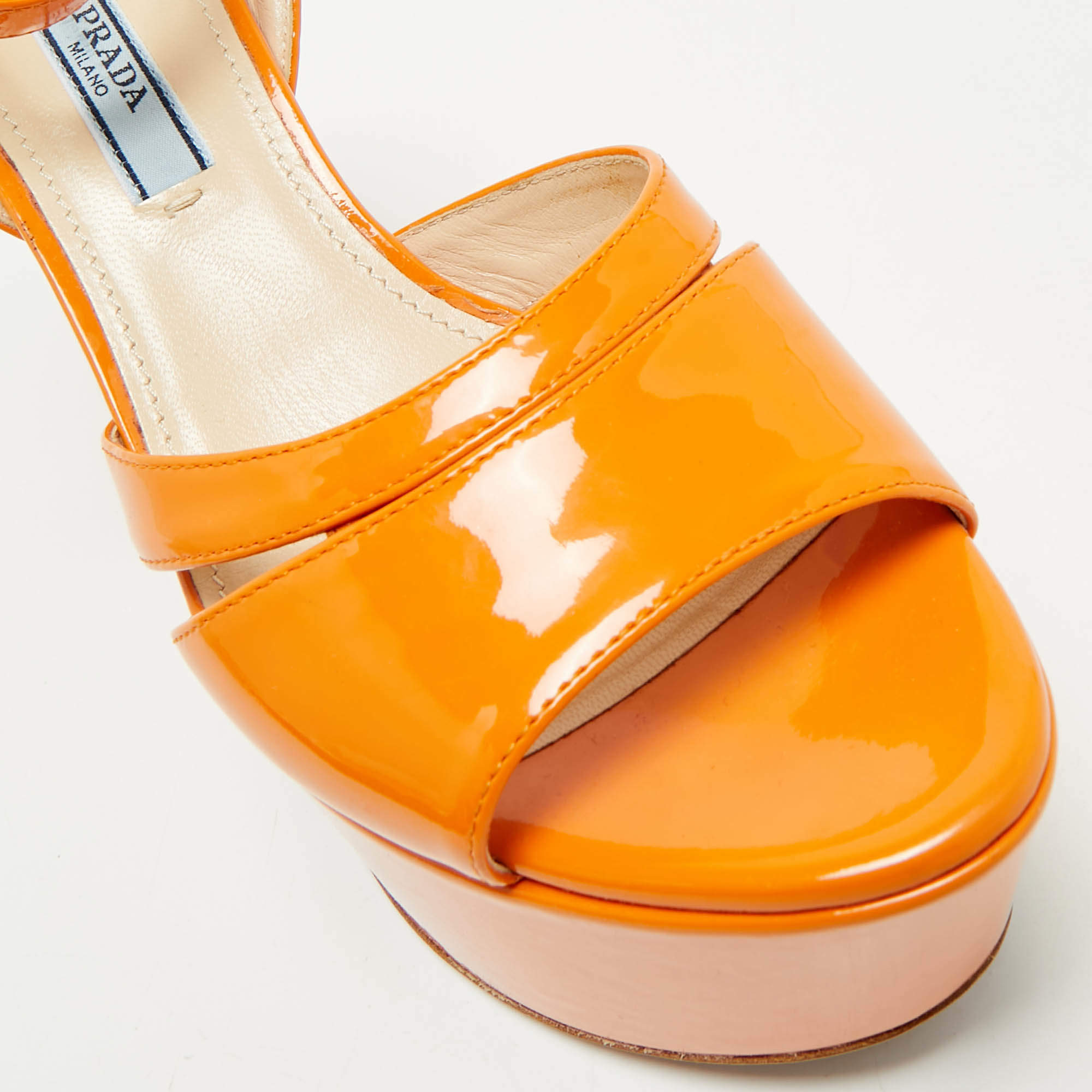 Pre Owned Prada Orange Patent Leather Platform Ankle Strap Sandals Size 36