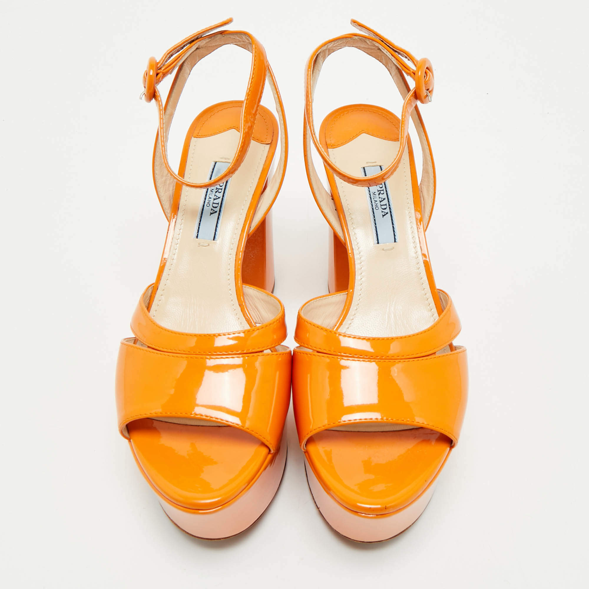 Pre Owned Prada Orange Patent Leather Platform Ankle Strap Sandals Size 36
