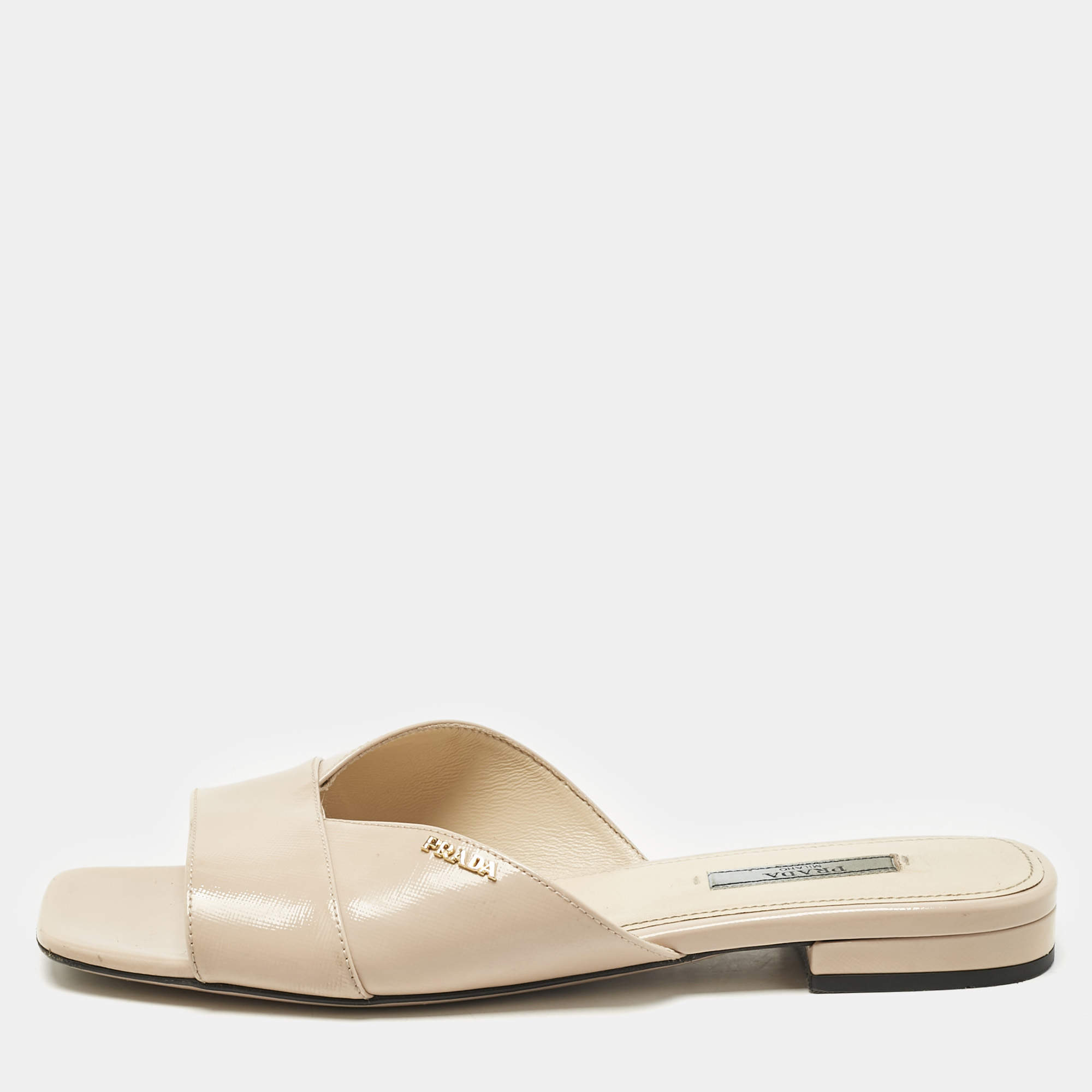 Pre Owned Prada Beige Patent Saffiano Leather Flat Slides Size 38.5
