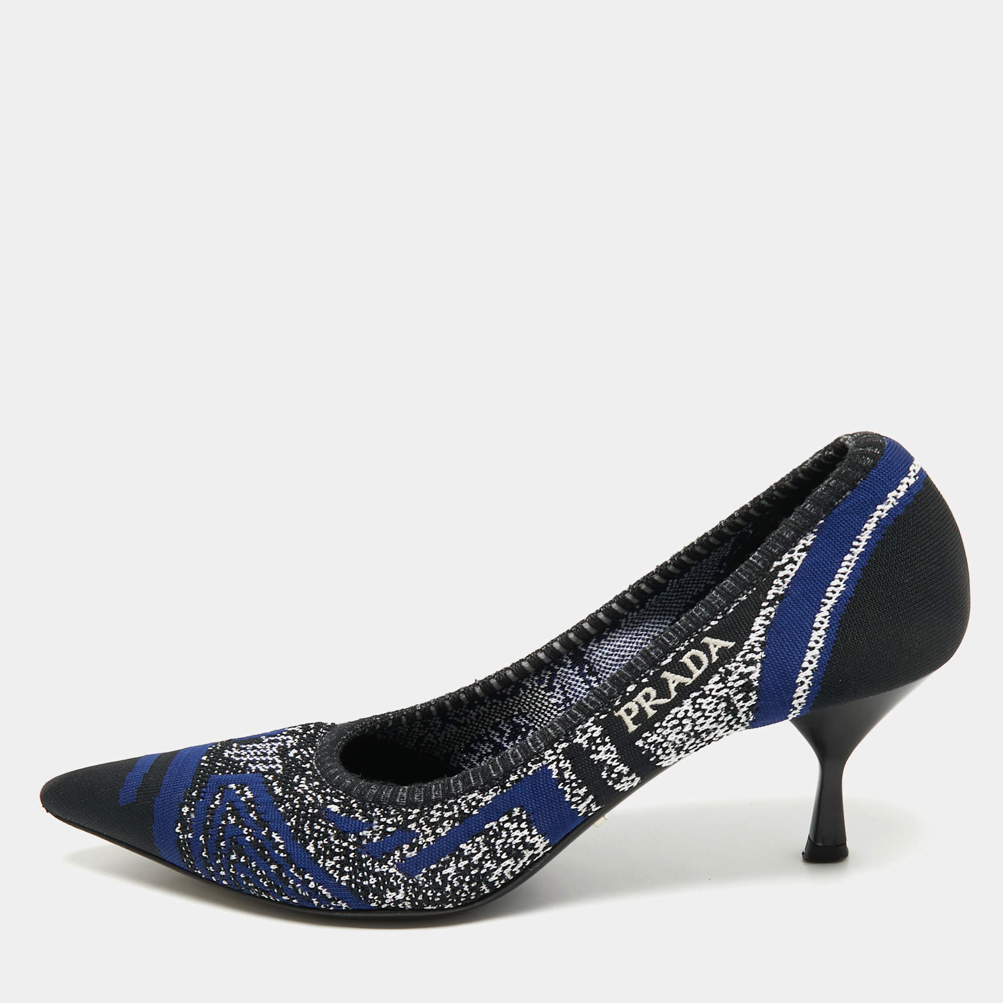 Pre Owned Prada Navy Blue/Black Knit Fabric Pointed Toe Pumps Size 38.5
