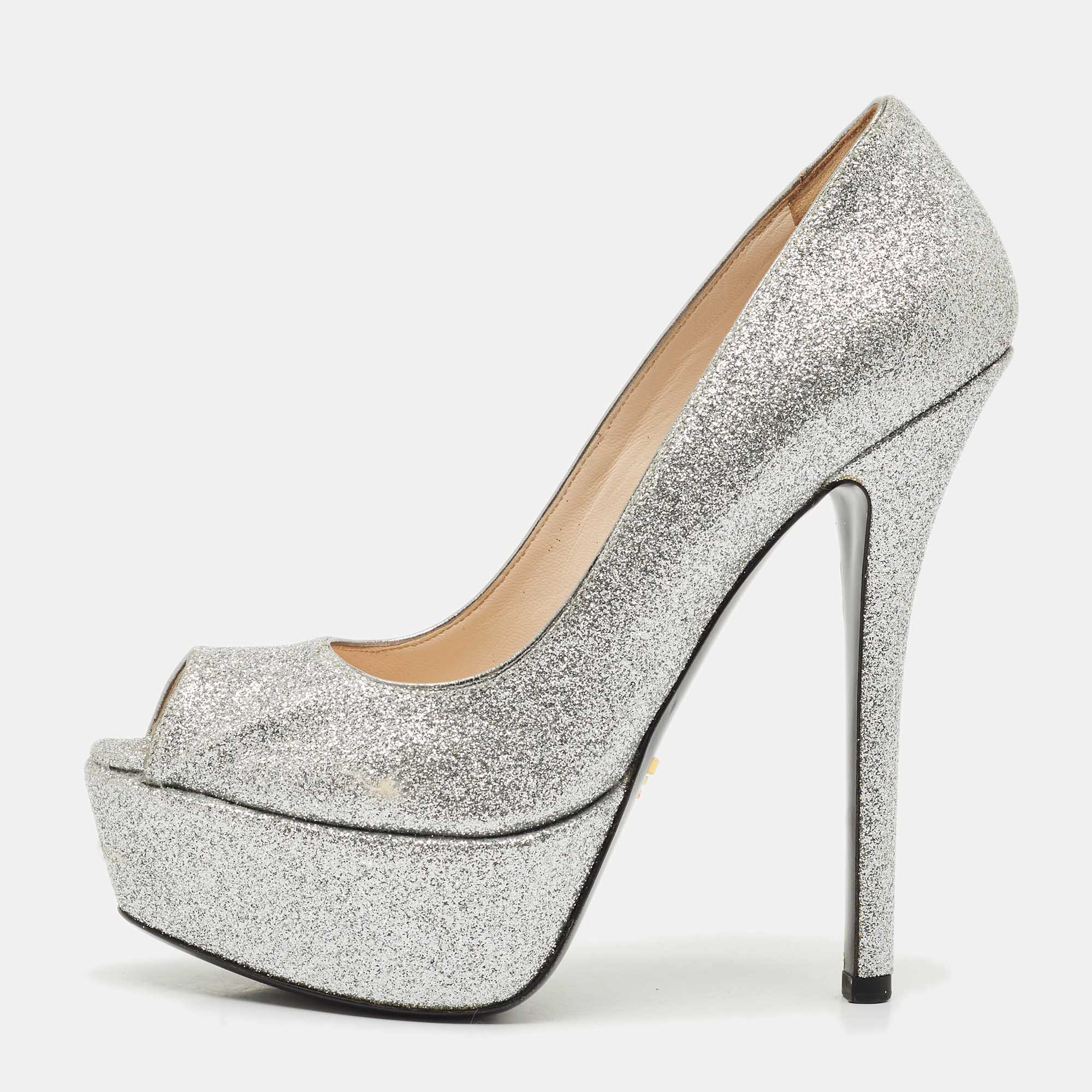 Pre Owned Prada Silver Glitter Leather Peep Toe Platform Pumps Size 37