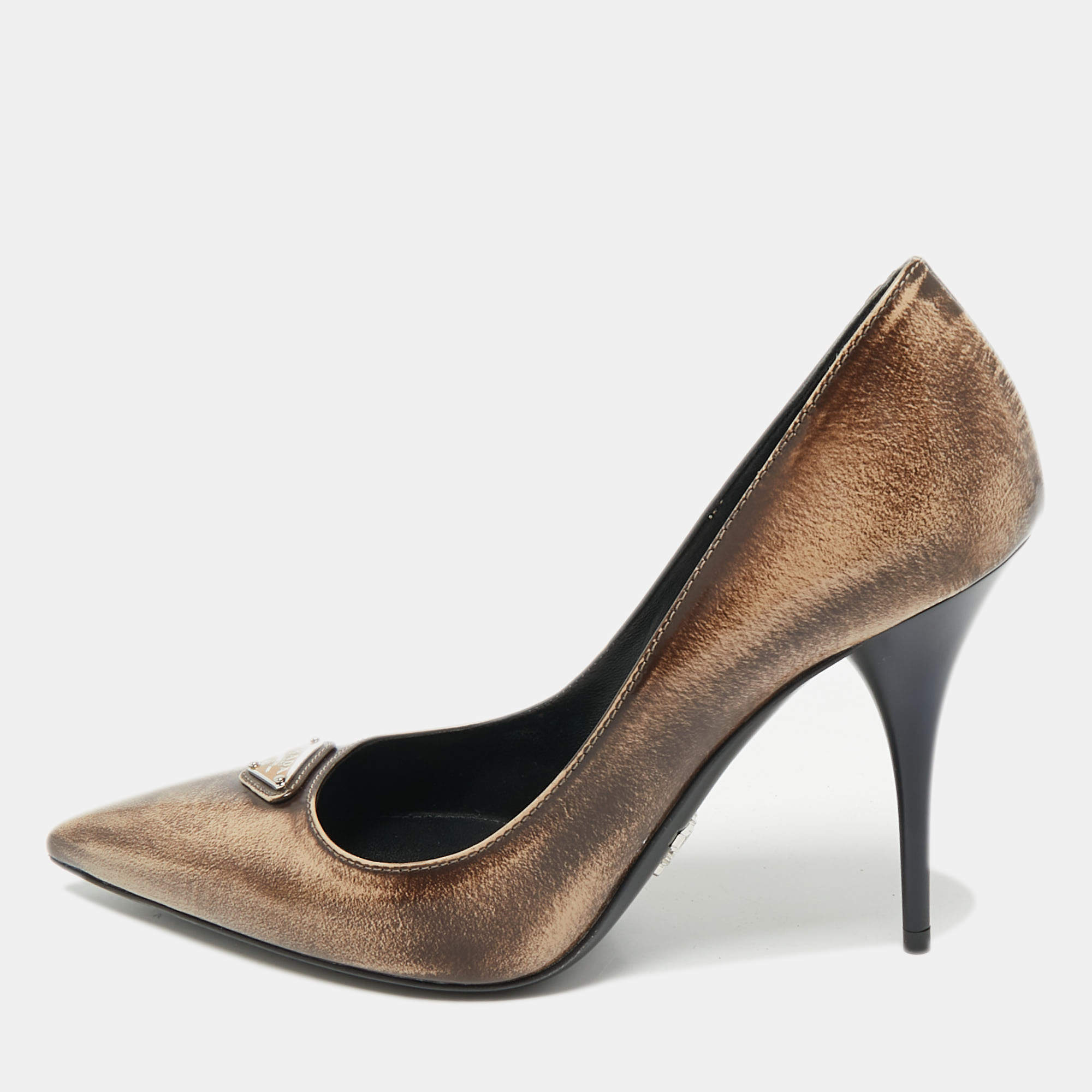 Pre Owned Prada Two Tone Brown Leather Pointed Toe Pumps Size 35.5