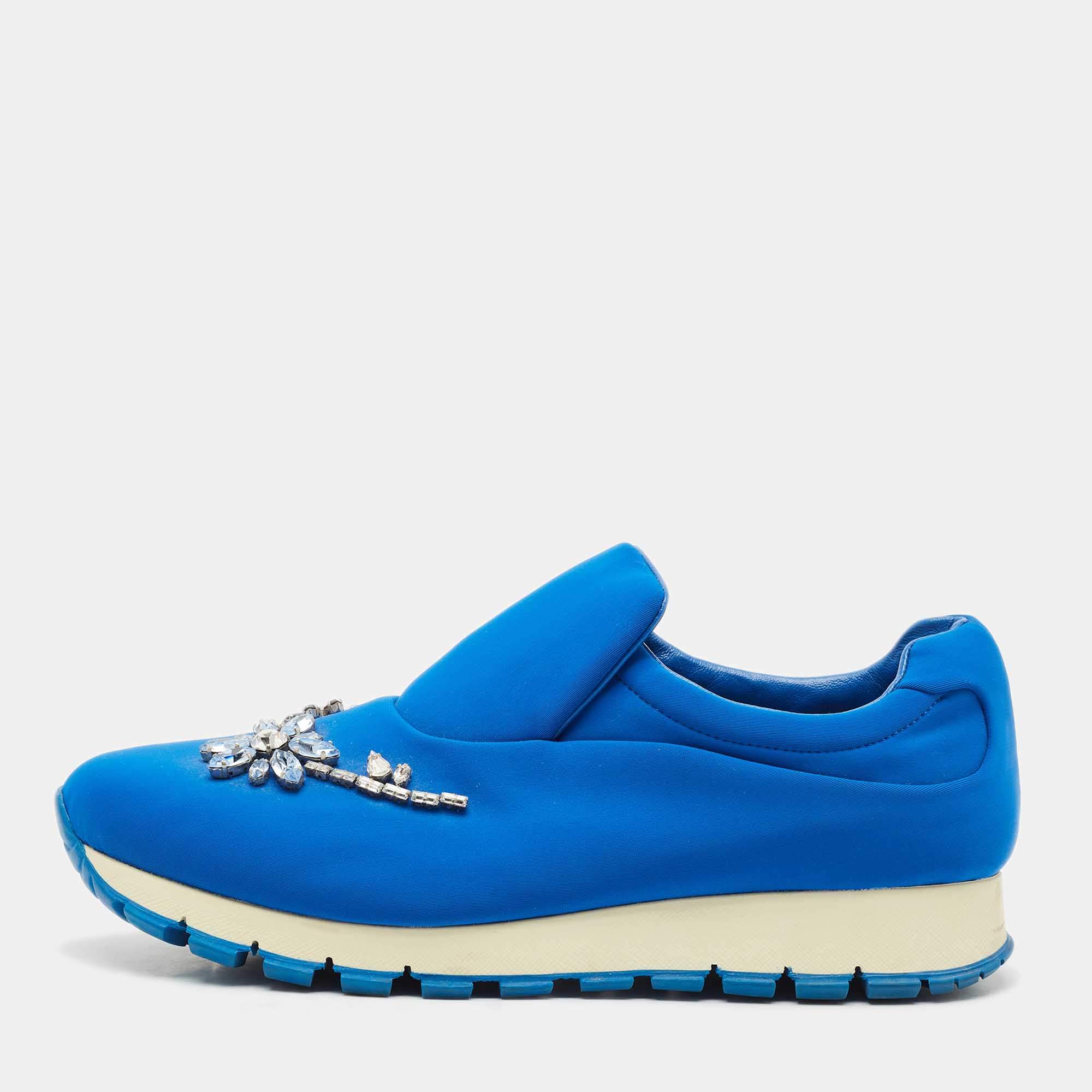 مملوكة مسبقًا Prada Blue Nylon Catch Me If You Can Crystal Embellished Slip On Sneakers Size 38