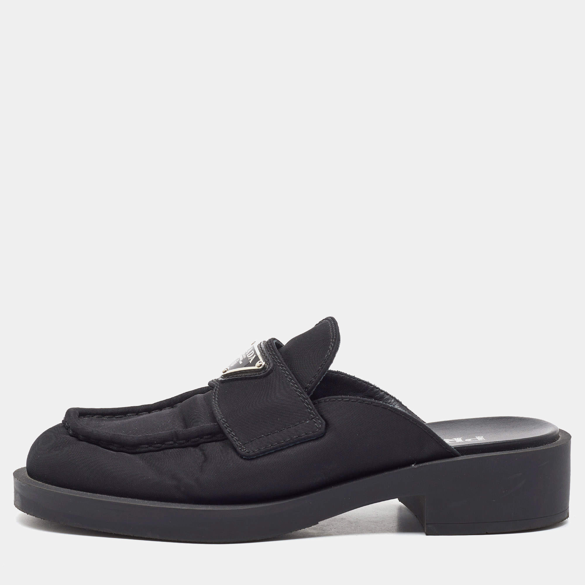 Pre Owned Prada Black Nylon Triangle Logo Loafer Mules Size 36