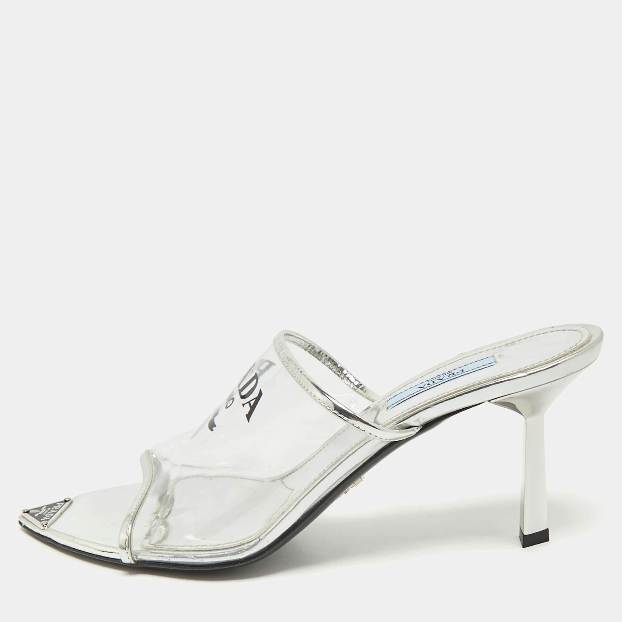 Pre Owned Prada Transparent PVC Logo Print Slide Sandals Size 39