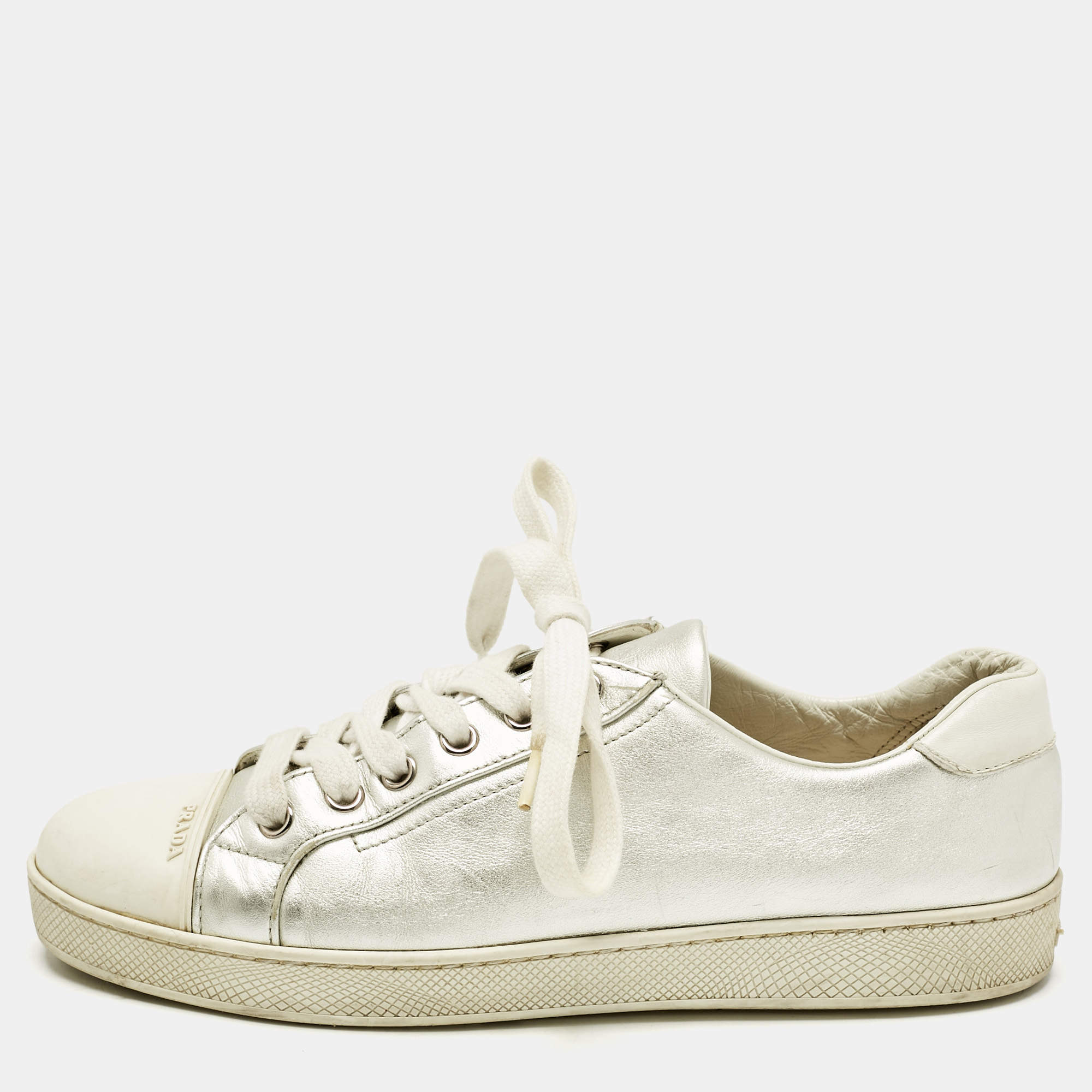 Pre Owned Prada Silver/White  Leather and Rubber Cap Toe Lace Up Sneakers Size 37.5