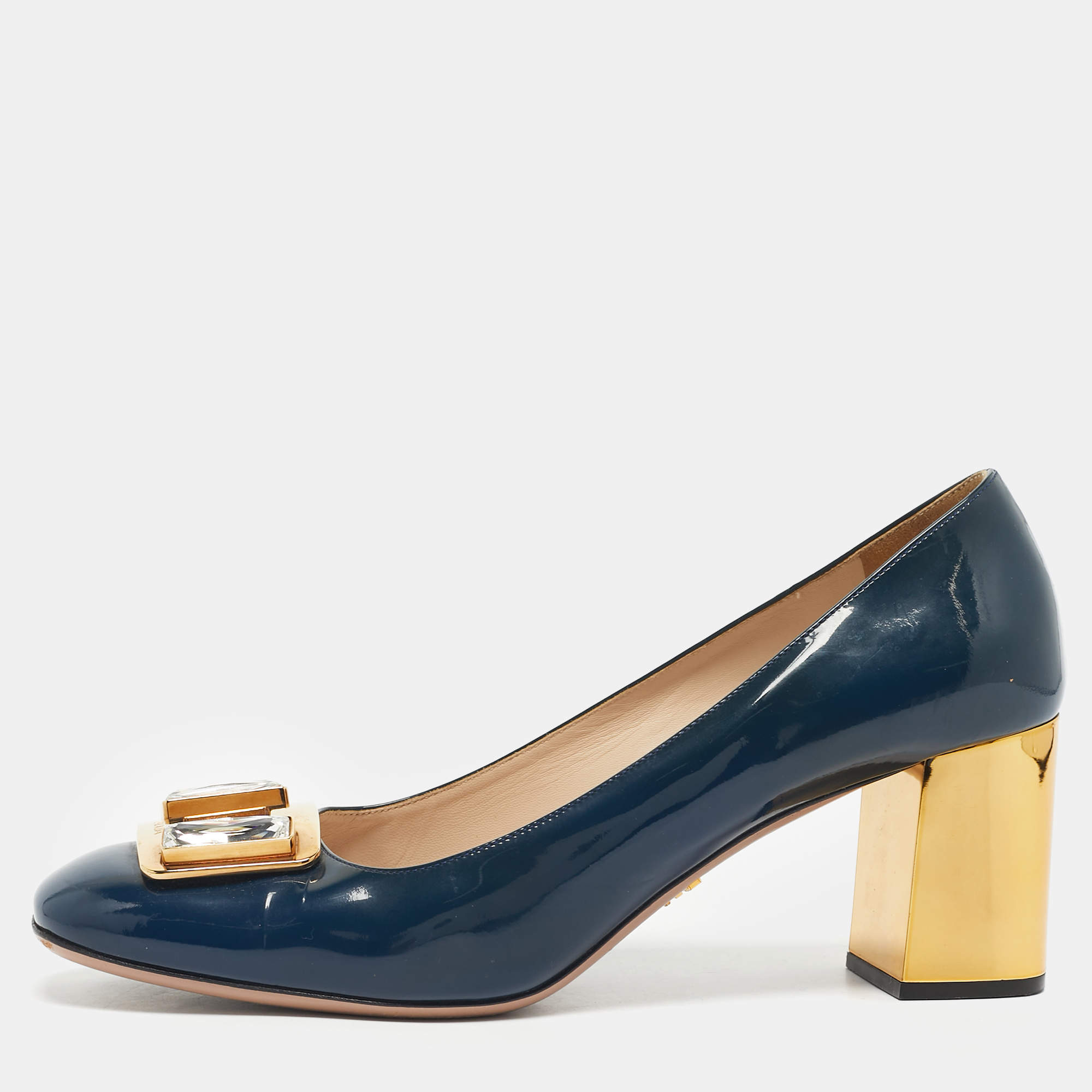 Pre Owned Prada Navy Blue Patent Leather Buckle Block Heel Pumps Size 39.5