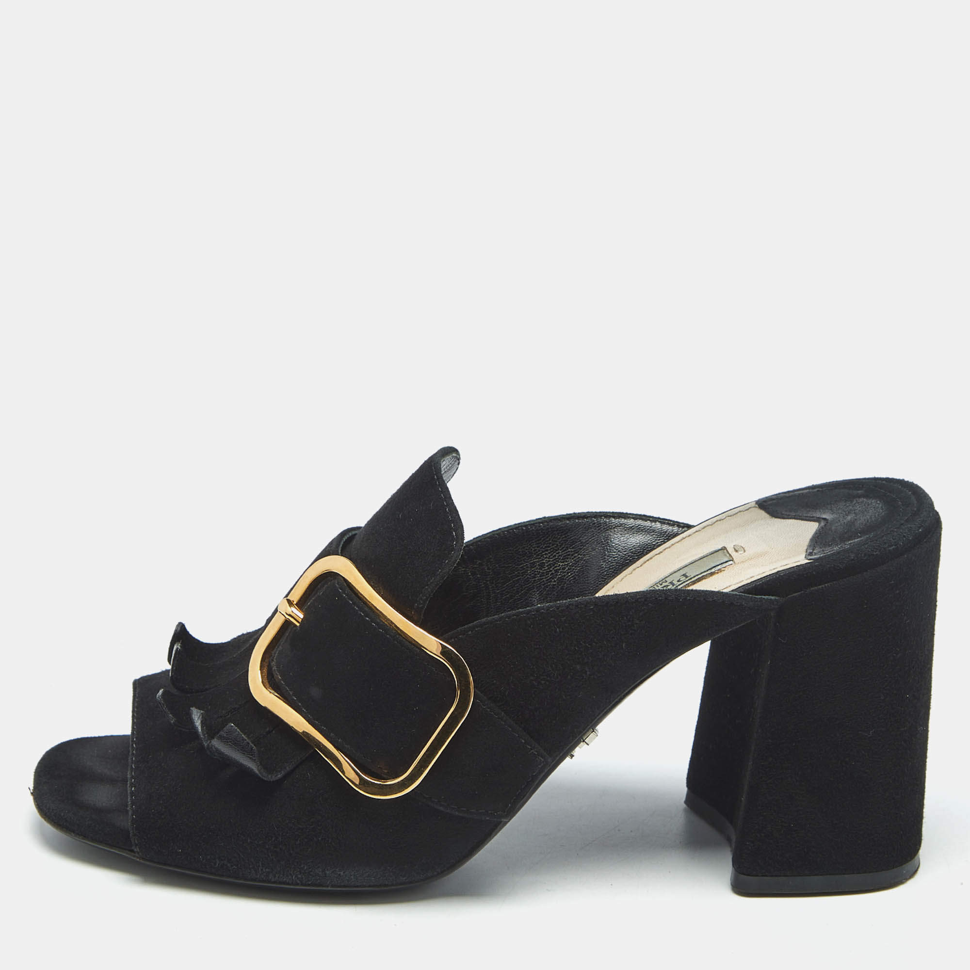 Pre Owned Prada Black Suede Buckle Fringe Block Heel Mules Size 37.5