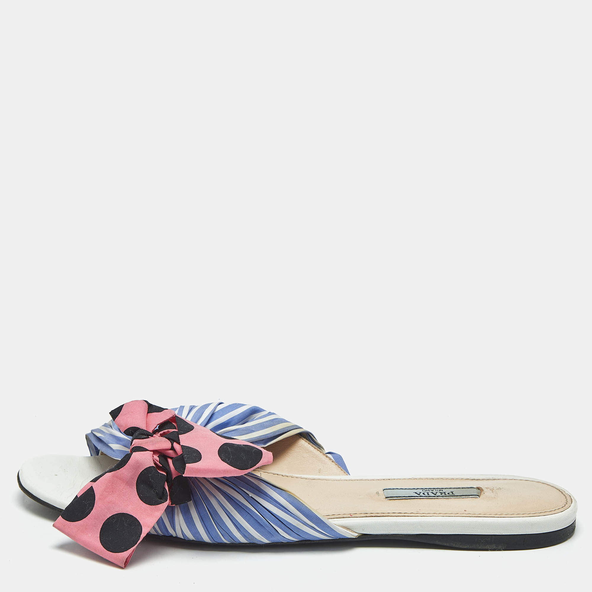 Pre Owned Prada Blue/Pink Fabric Stripe Printed And Polka Dot Bow Detail Slide Sandals Size 41