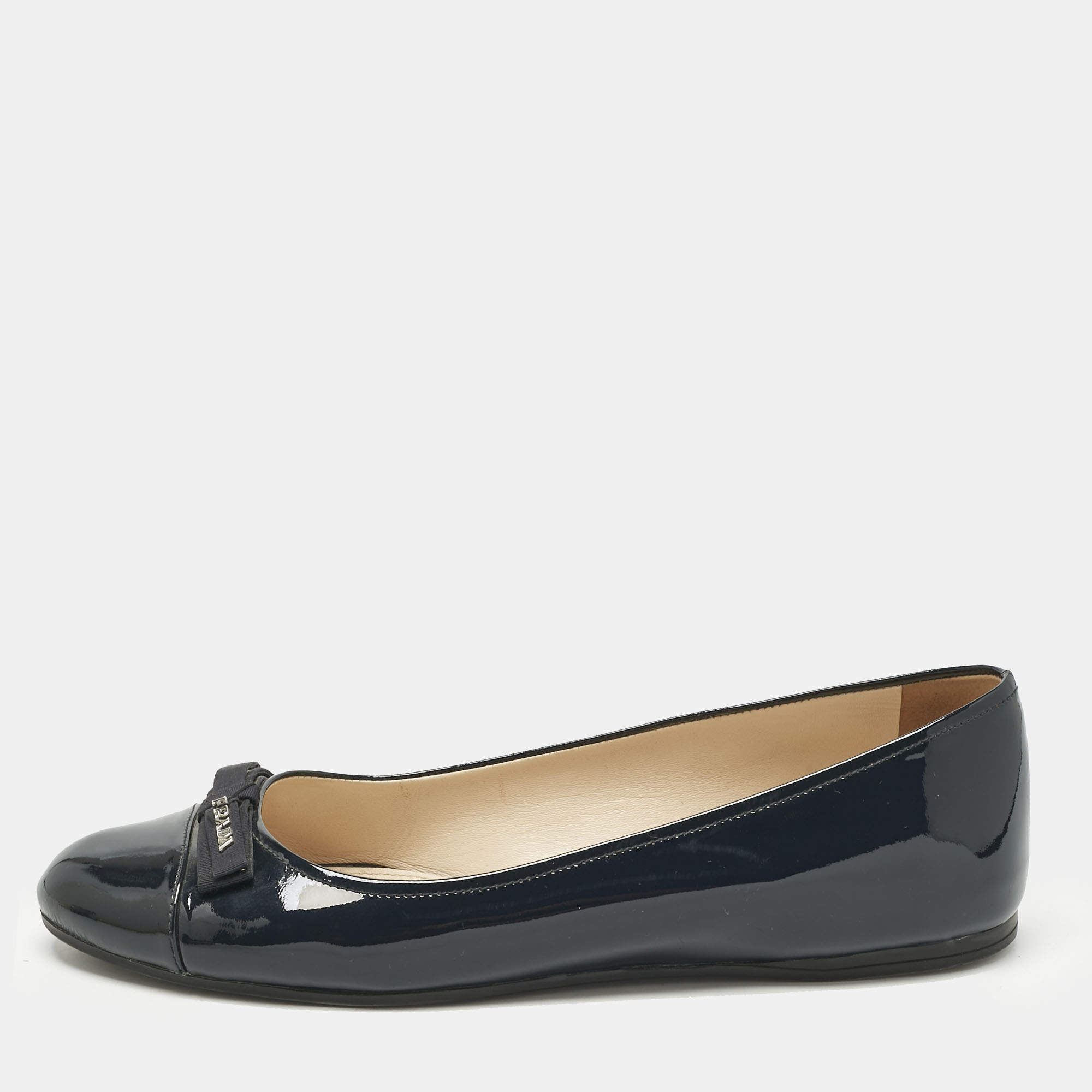 Pre Owned Prada Navy Blue Patent Leather Bow Ballet Flats Size 40