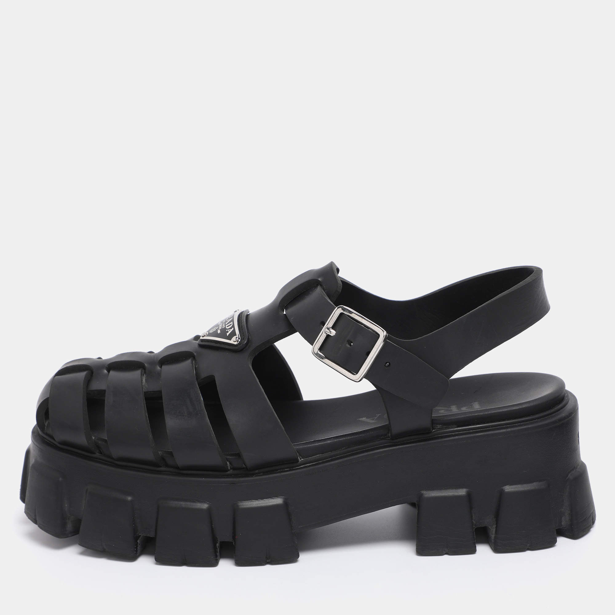 مملوكة مسبقًا Prada Black Rubber Monolith Sandals Size 38