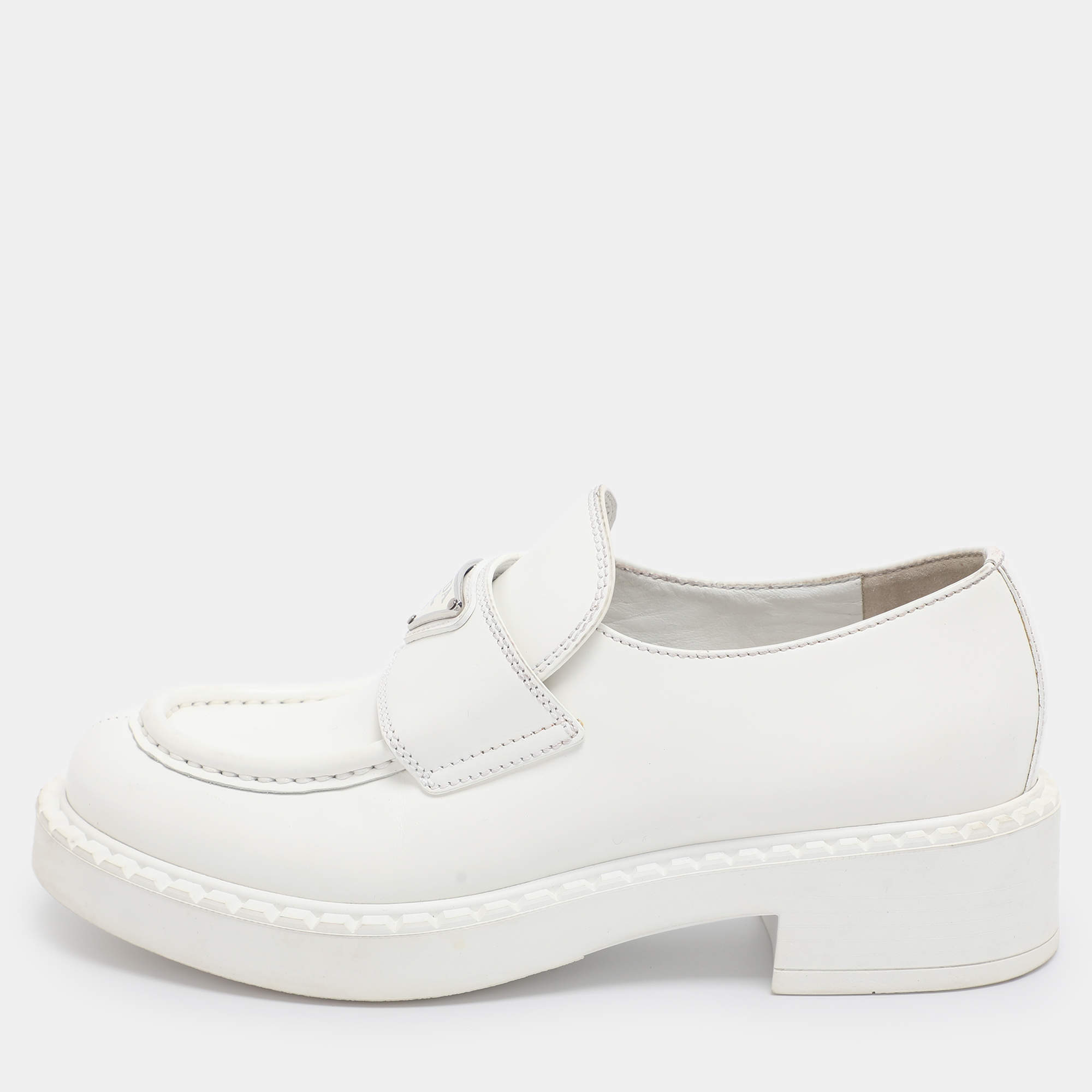 Pre Owned Prada White Leather Slip On Loafers Size 36