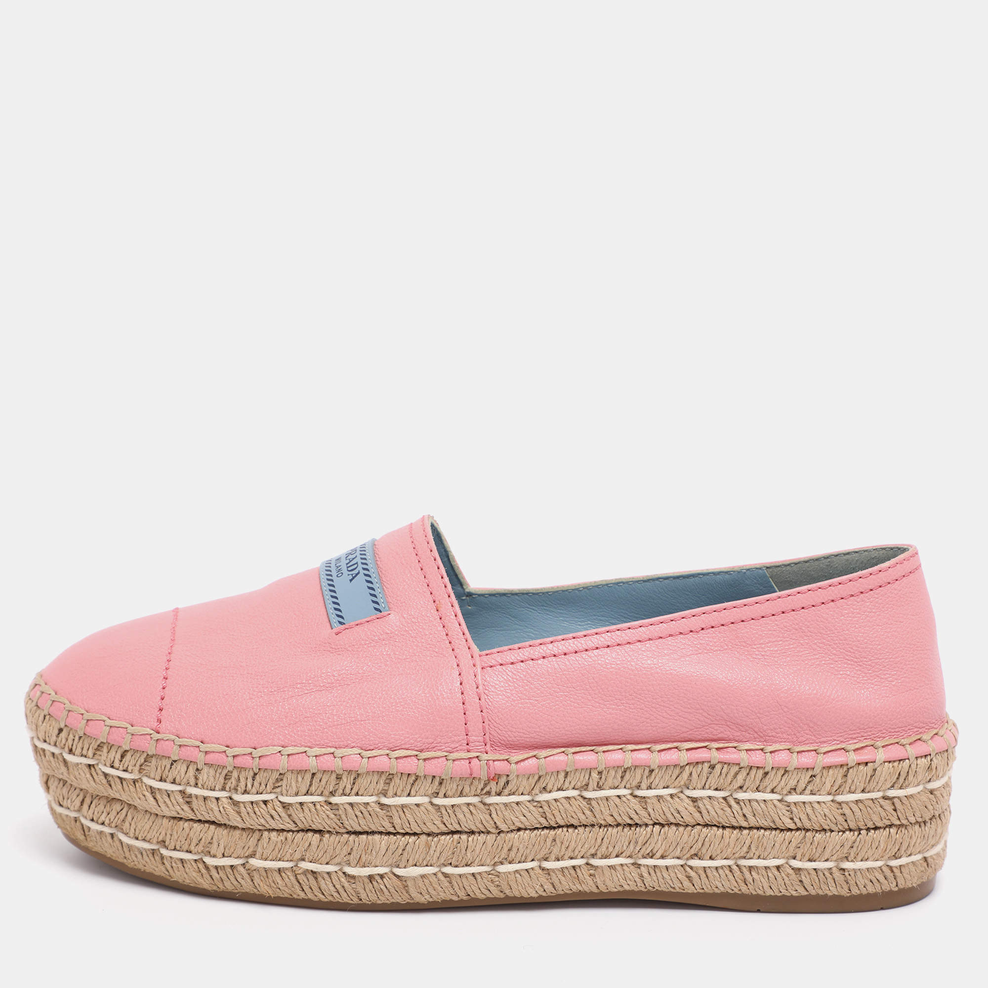 Pre Owned Prada Pink Leather Platform Espadrille Flats Size 39