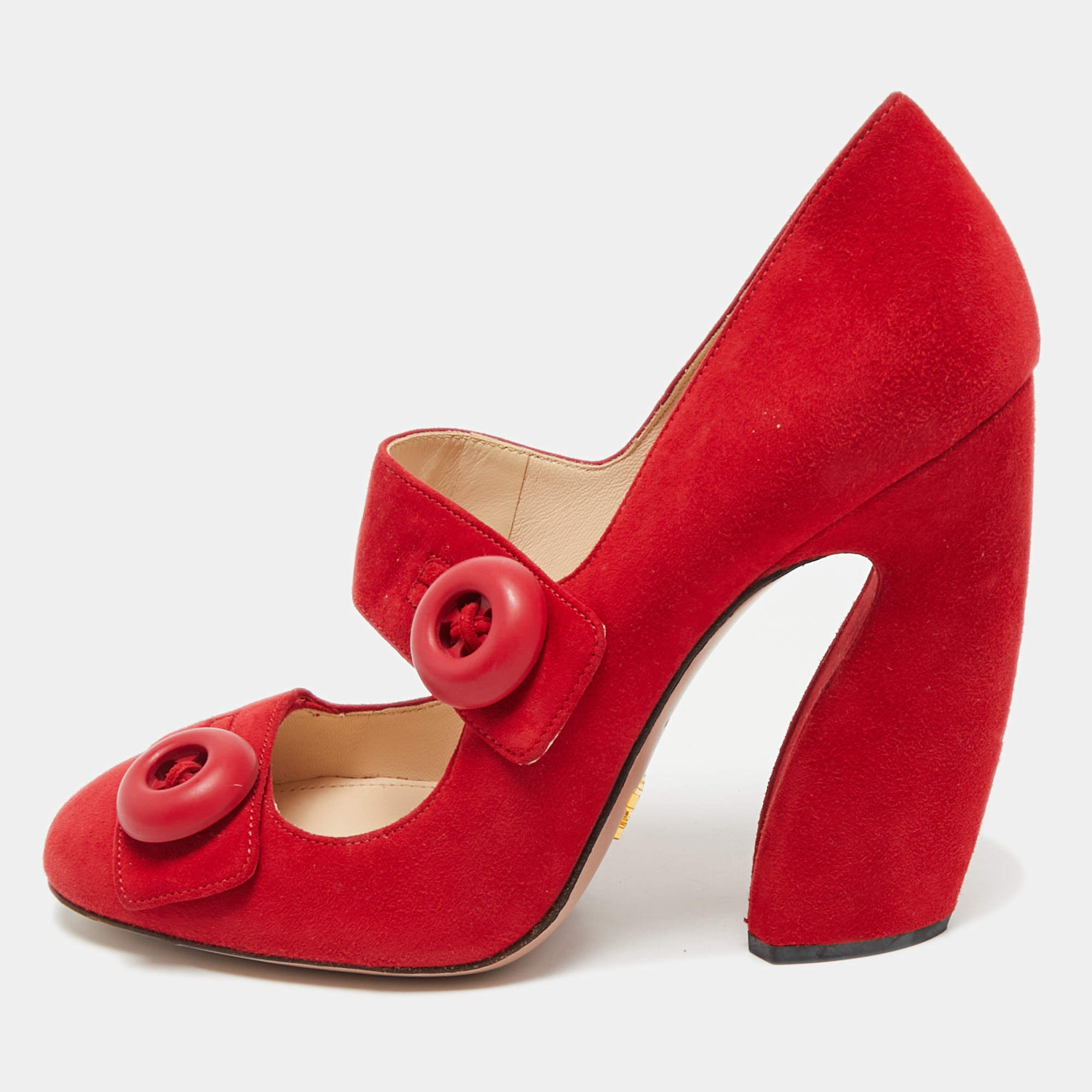 Pre Owned Prada Red Suede Mary Jane Button Pumps Size 39.5