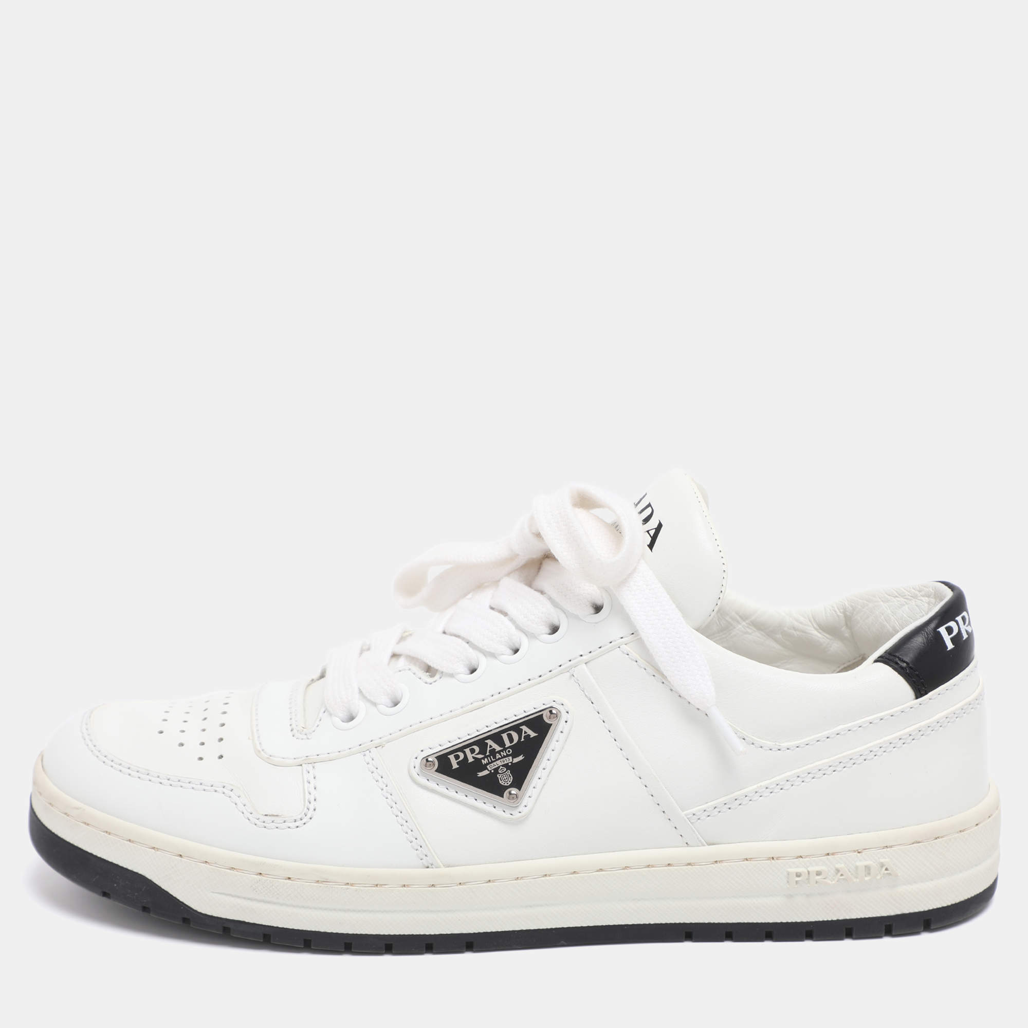 Pre Owned Prada White Leather Downtown Low Top Sneakers Size 37.5