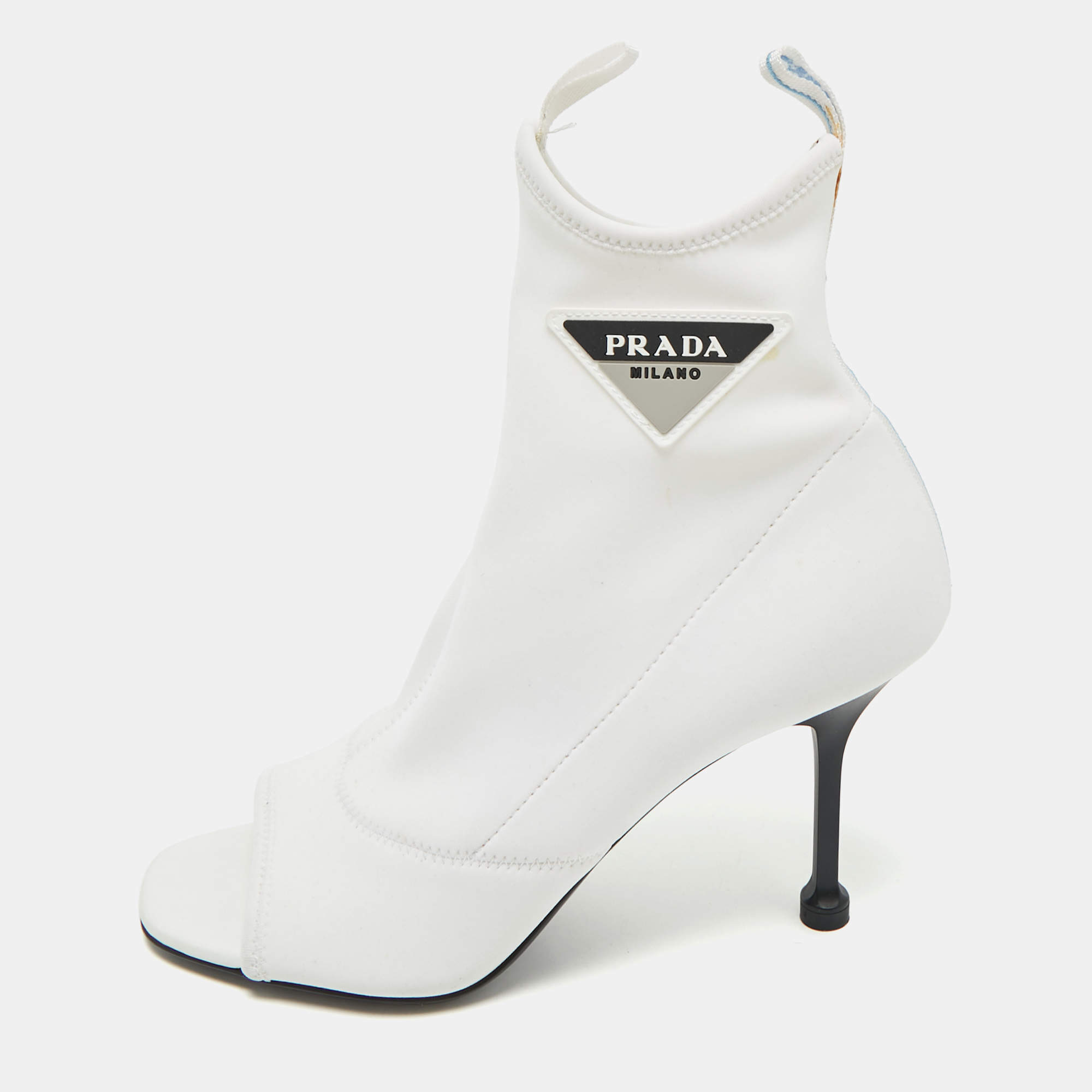 مملوكة مسبقًا Prada White Stretch Fabric Open Toe Ankle Length Boots Size 39