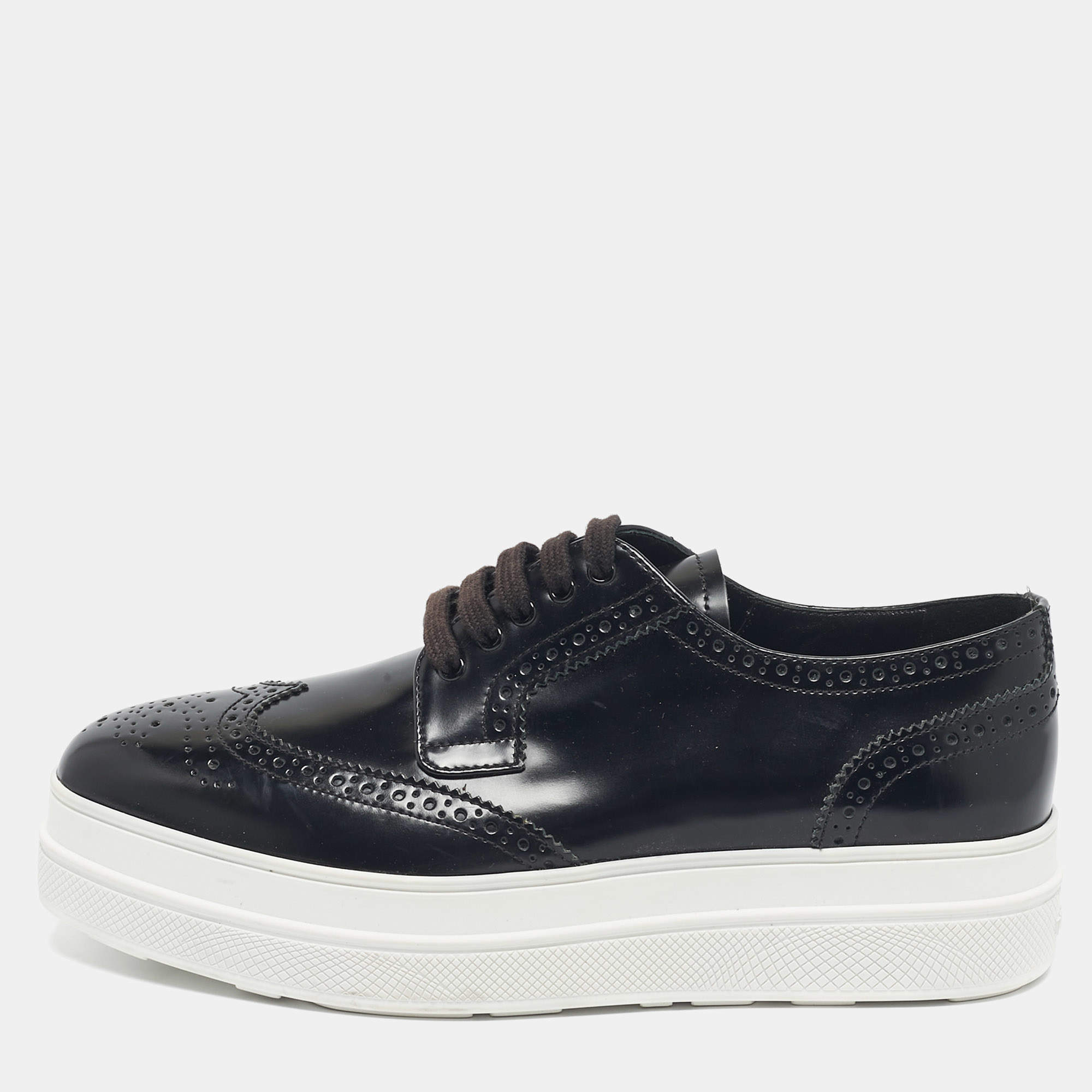 Pre Owned Prada Black Brogue Leather Platform Derby Sneakers Size 38.5