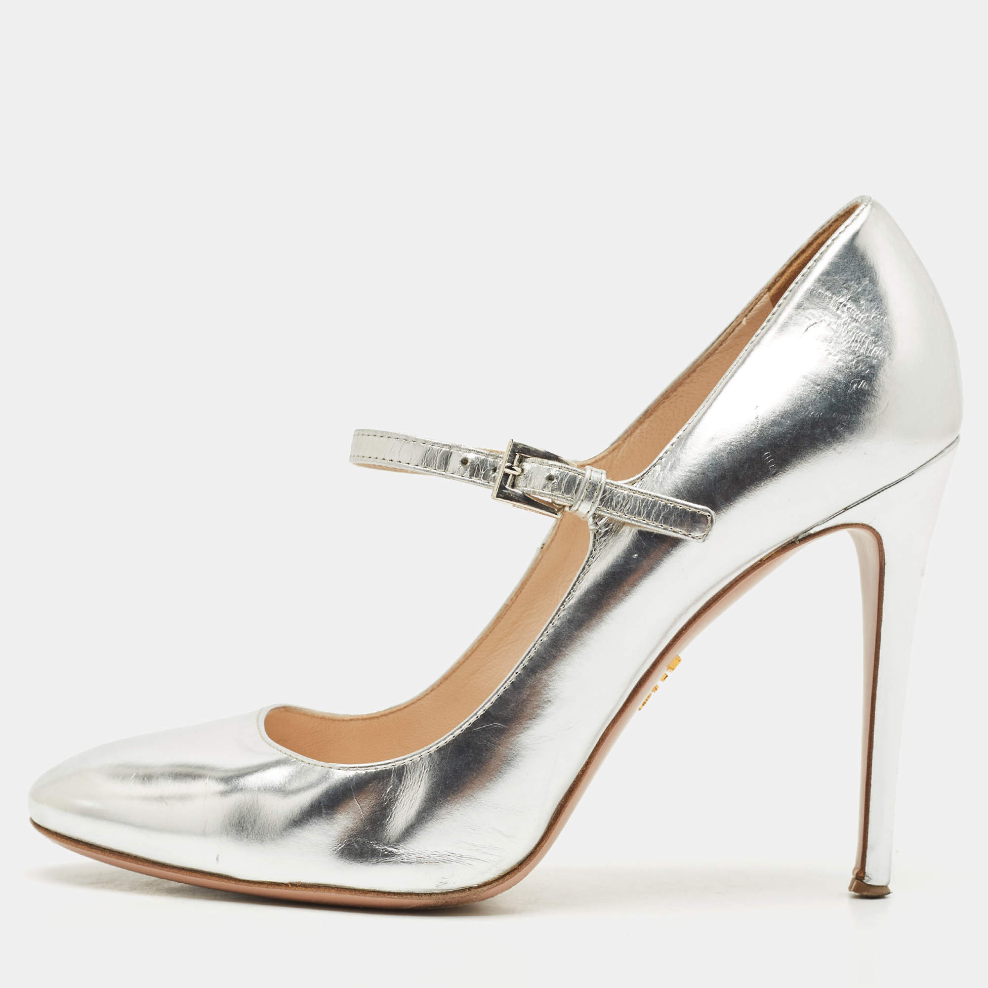 Pre Owned Prada Silver Leather Mary Jane Pumps Size 39