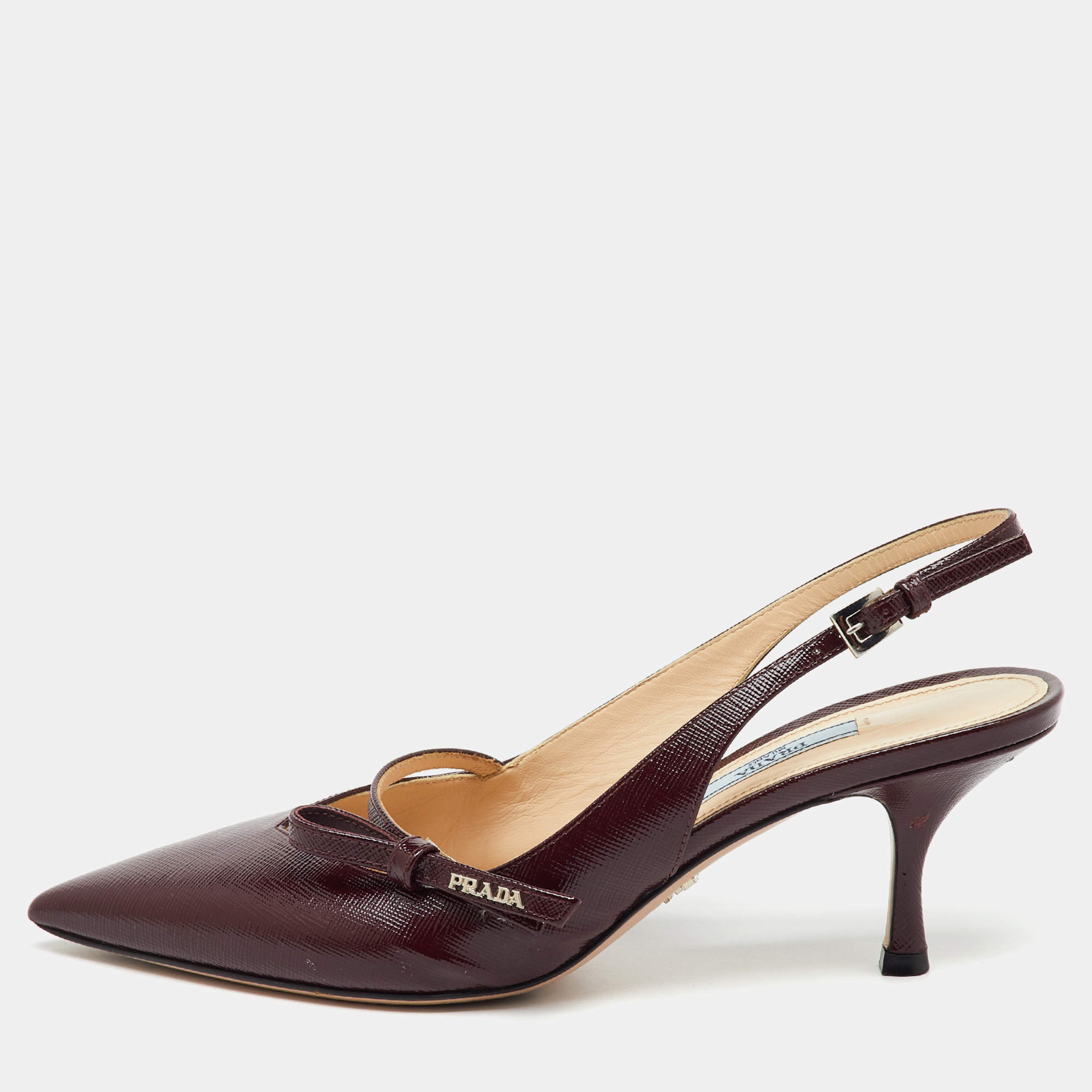 Prada Burgundy Vernice Saffiano Leather Bow Pointed-Toe Slingback