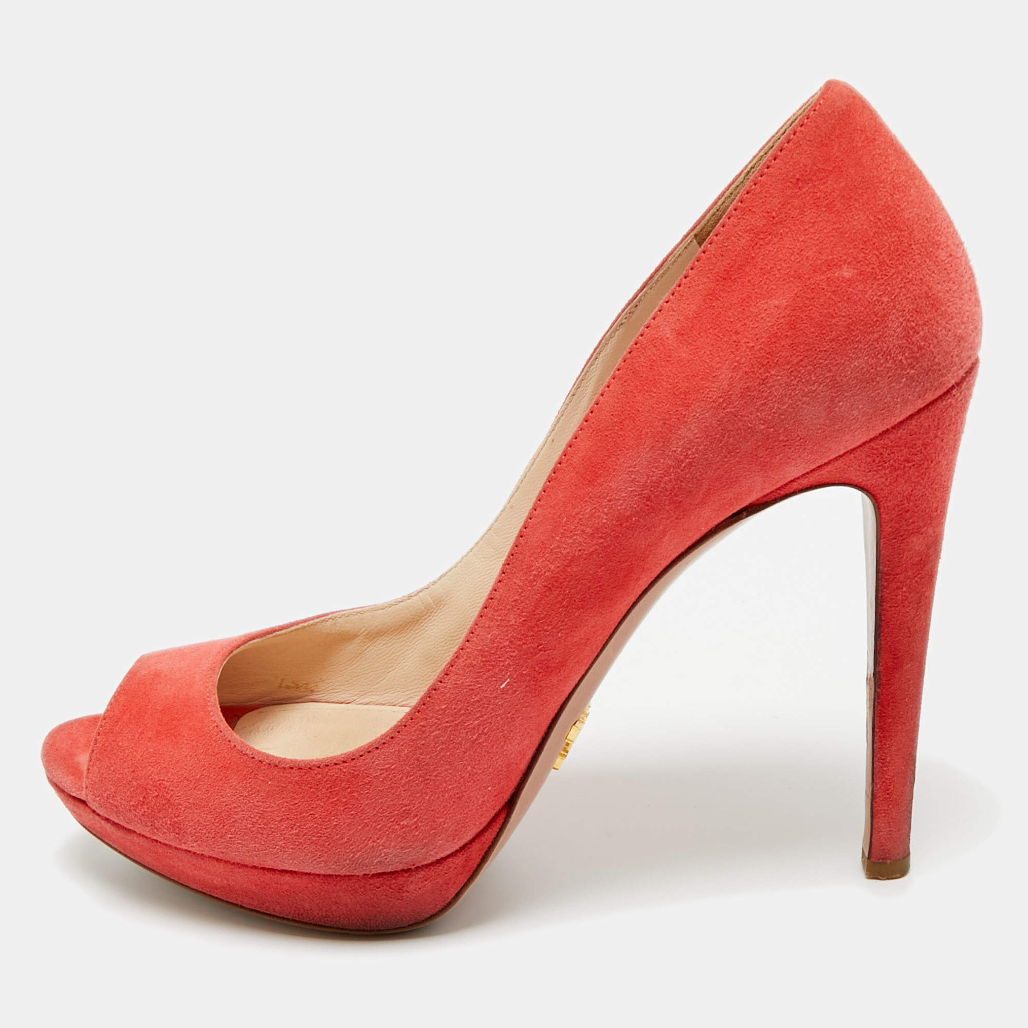 Pre Owned Prada Pink Suede Peep Toe Platform Pumps Size 36.5