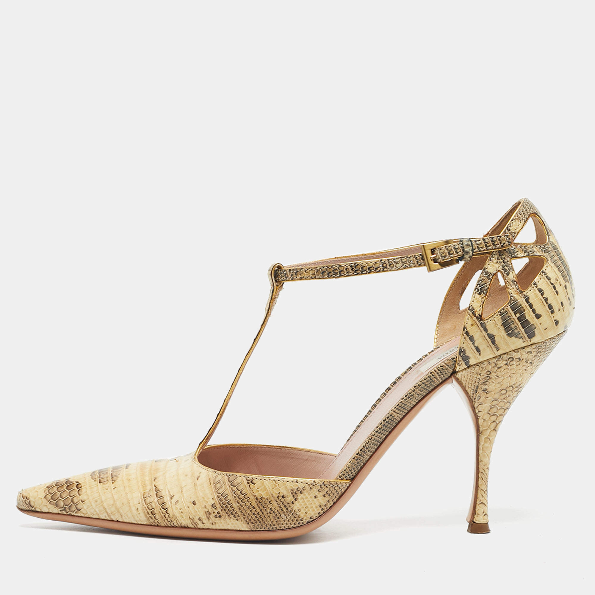 Pre Owned Prada Cream/Black Lizard T Strap Pumps Size 37