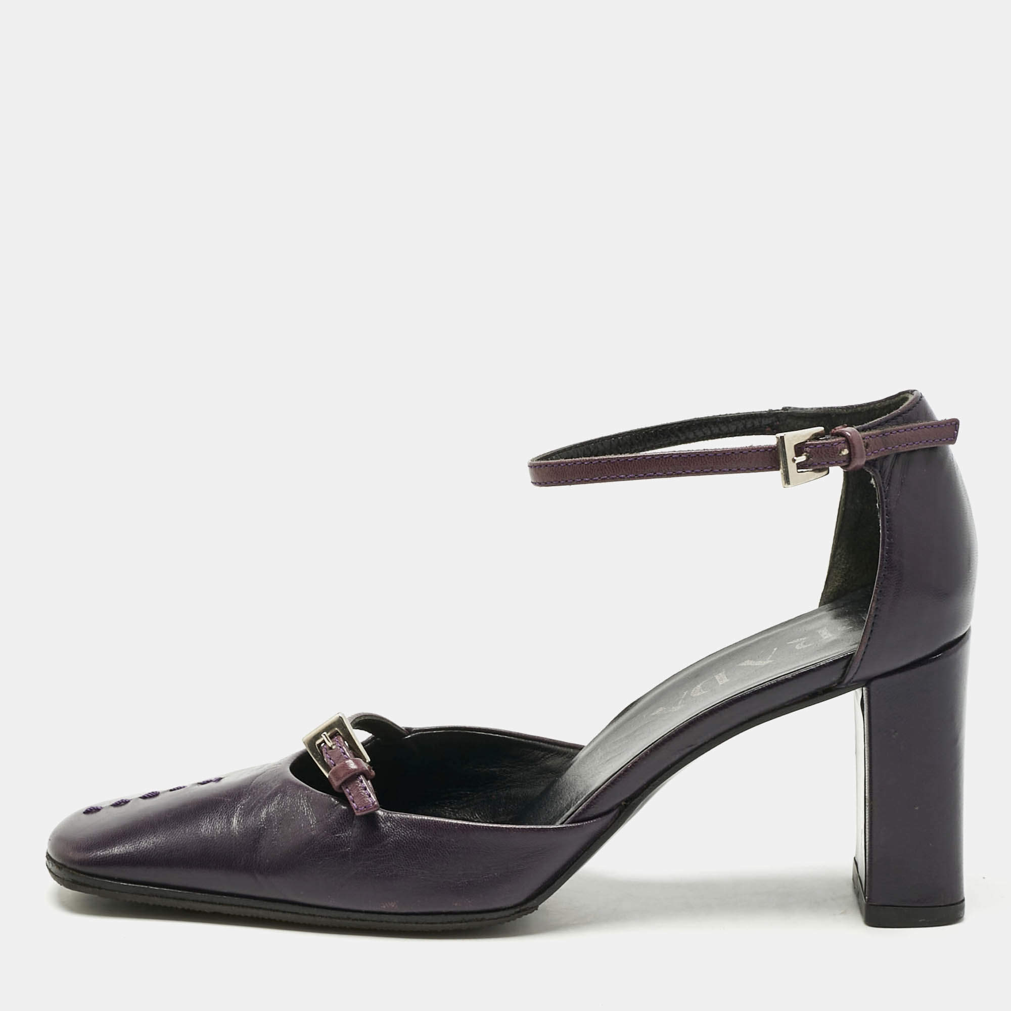 Pre Owned Prada Purple Leather Mary Jane Block Pumps Size 34.5