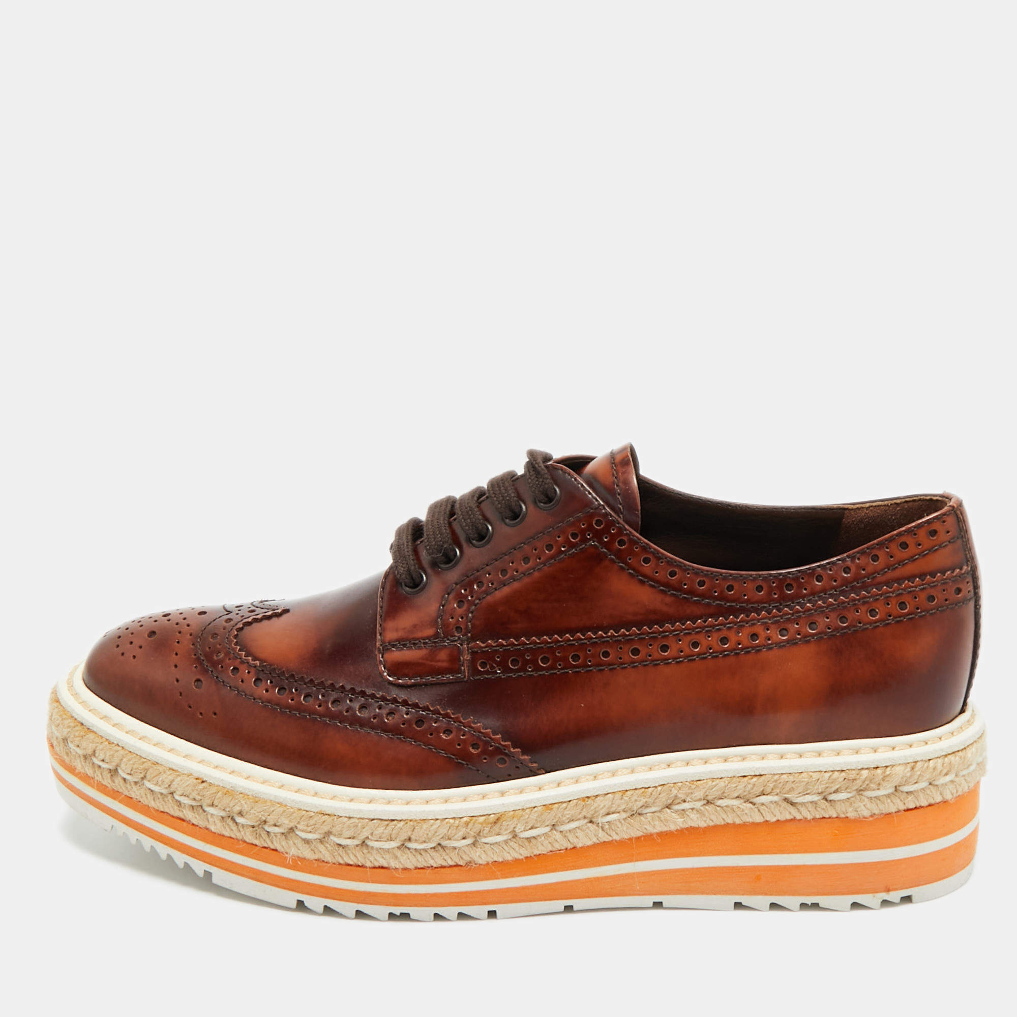 Pre Owned Prada Brown Brogue Leather Oxford Espadrille Sneakers Size 37.5