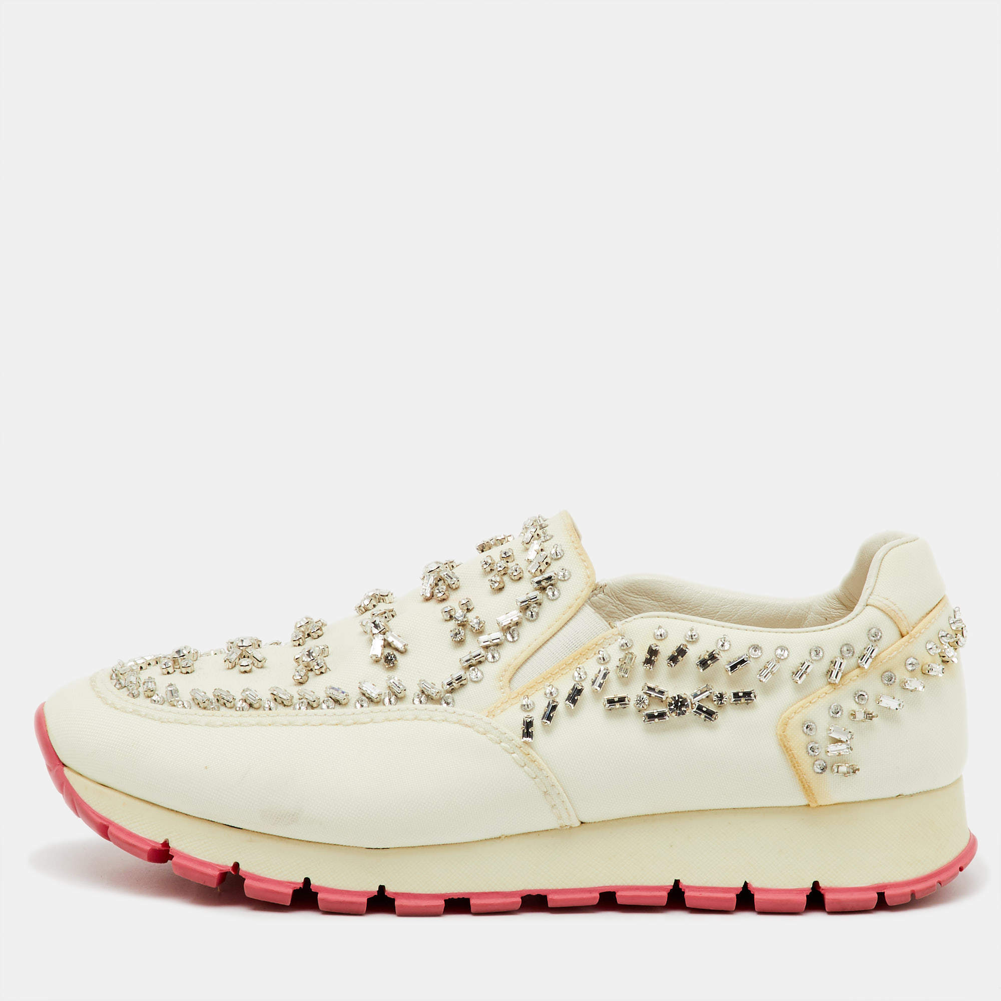 Pre Owned Prada White Canvas Crystal Embellished Slip On Sneakers Size 38.5
