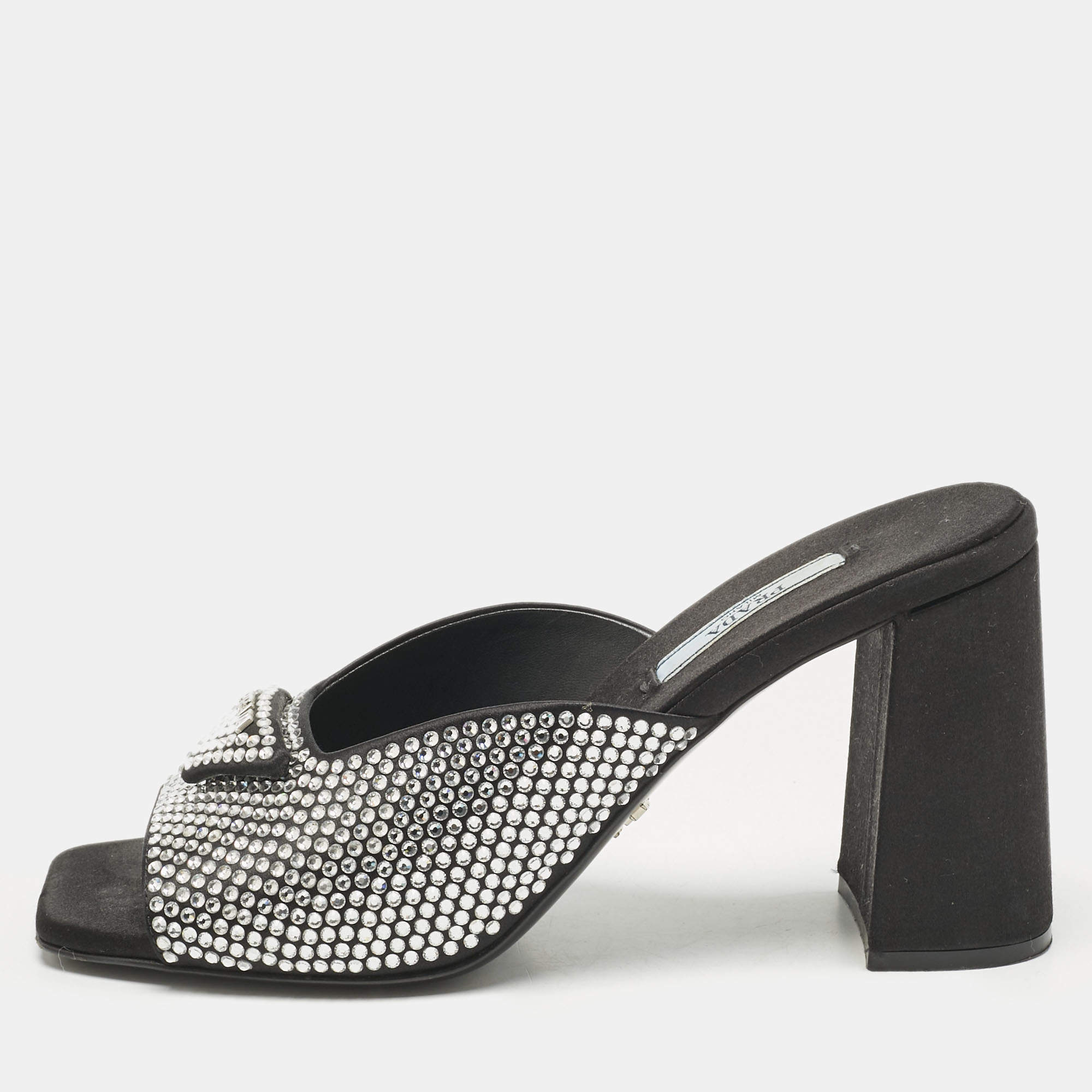 Pre Owned Prada Black Satin Crystal Embellished Logo Slide Sandals Size 37