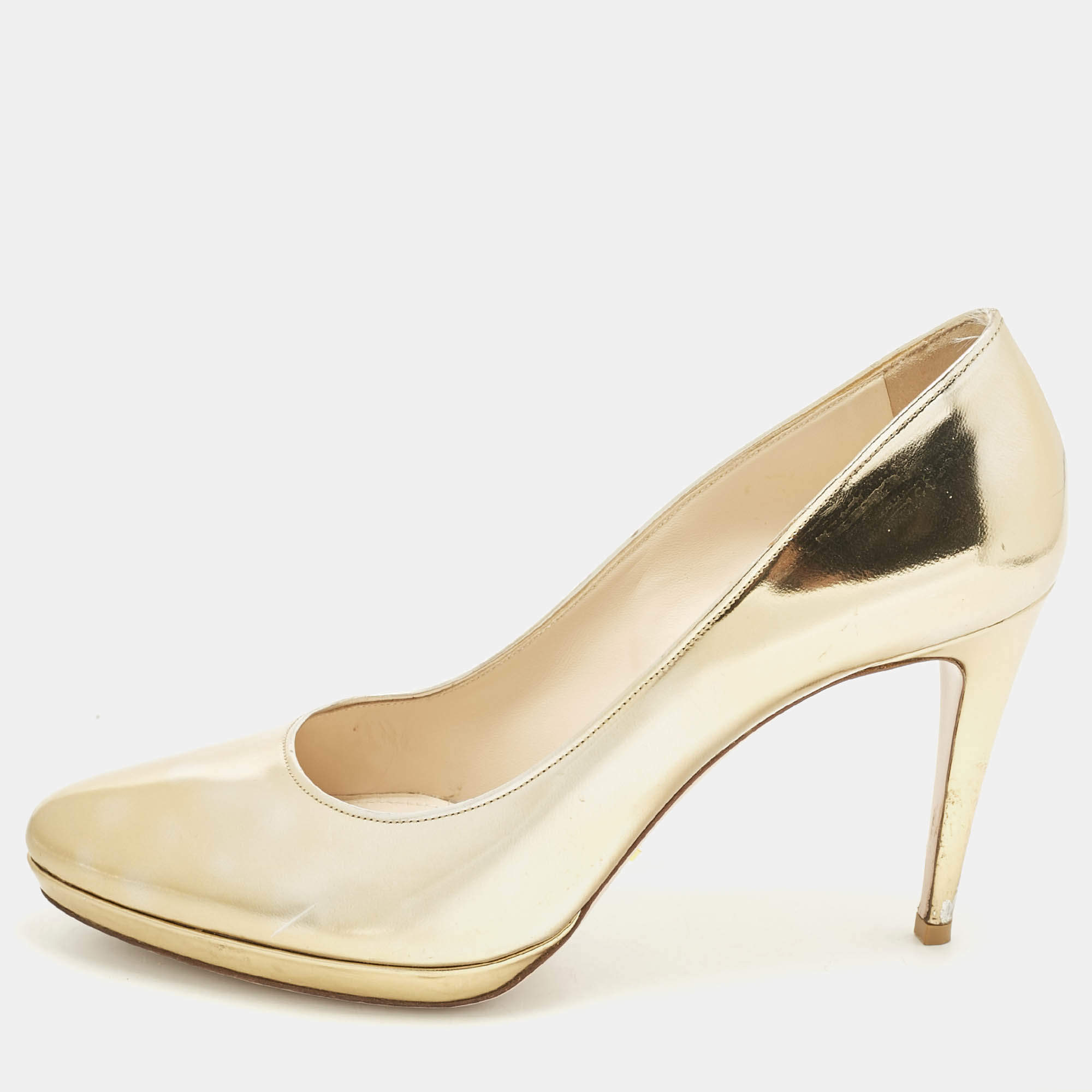 Pre Owned Prada Gold  Leather Pointed Toe Pumps Size 42