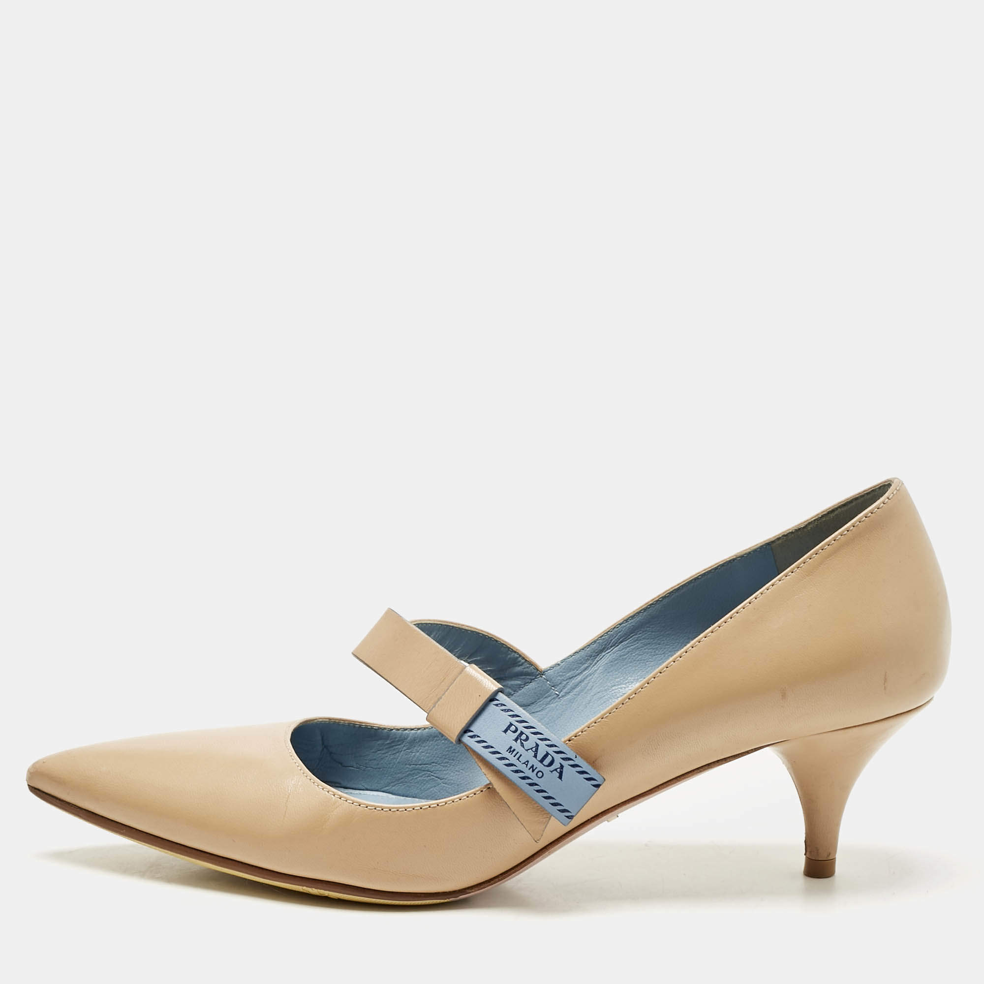 Pre Owned Prada Beige Leather Pointed Toe Mary Jane Bow Pumps Size 38