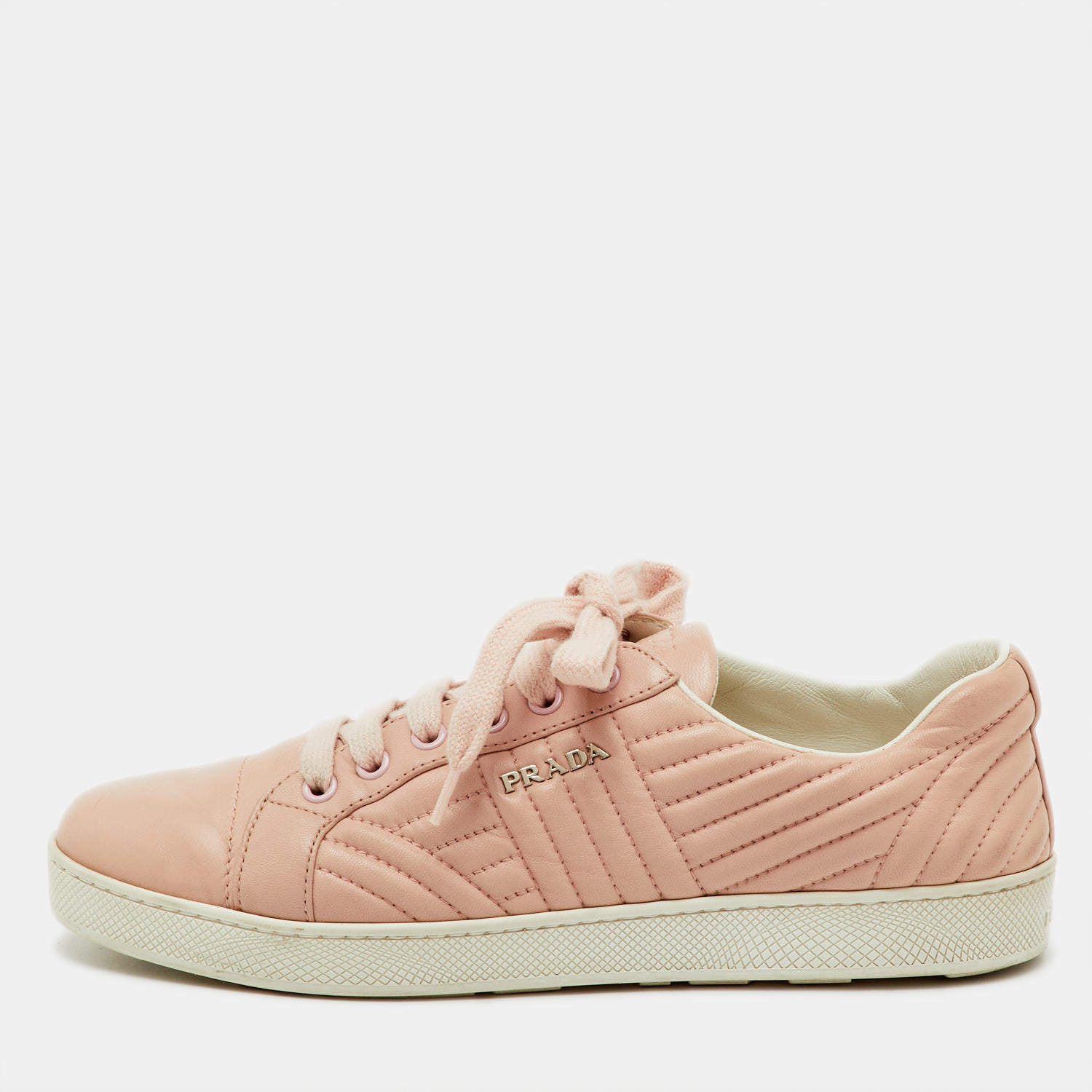 Pre Owned Prada Blush Pink Quilted Leather Low Top Sneakers Size 38.5