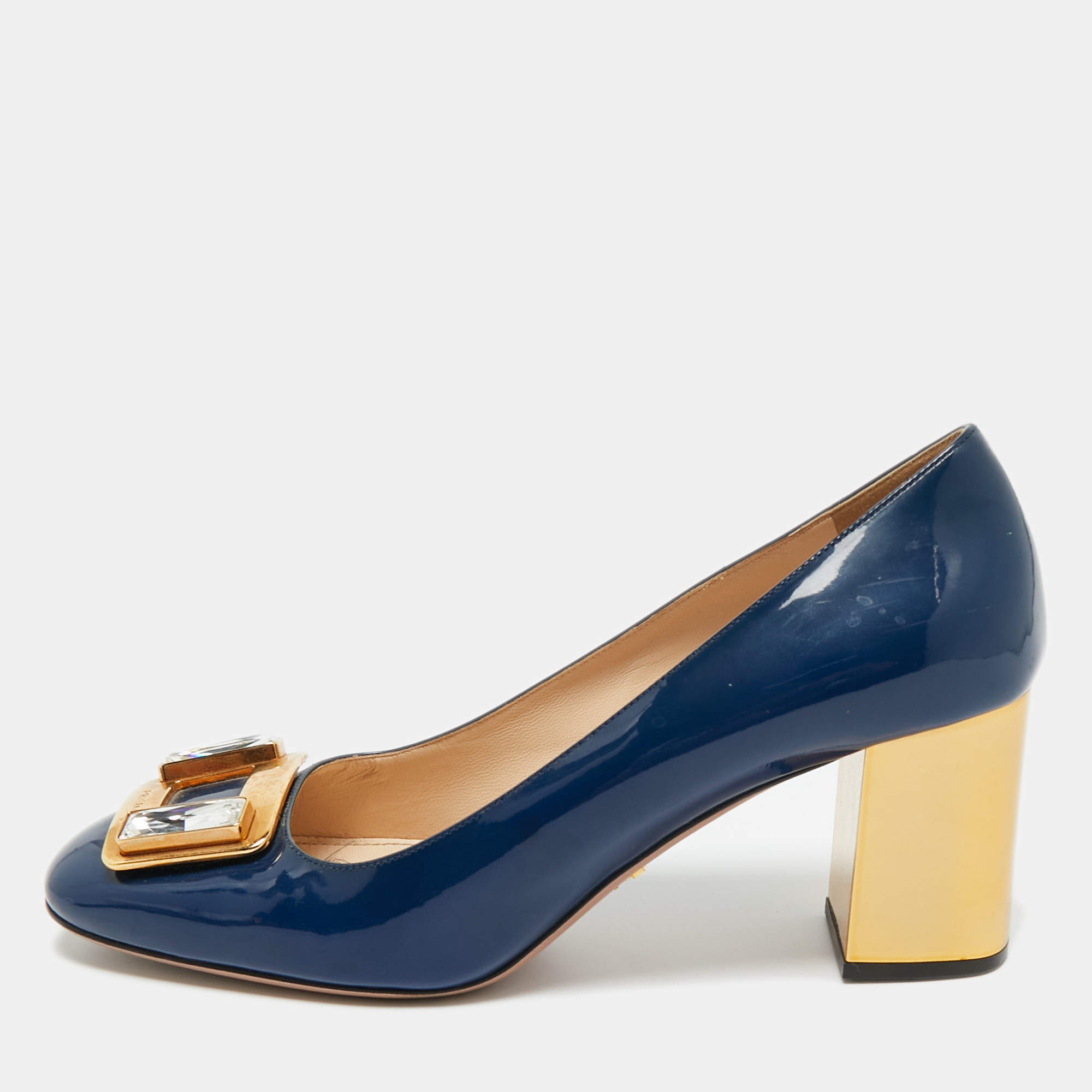 Pre Owned Prada Navy Blue Patent Leather Buckle Block Heel Pumps Size 38