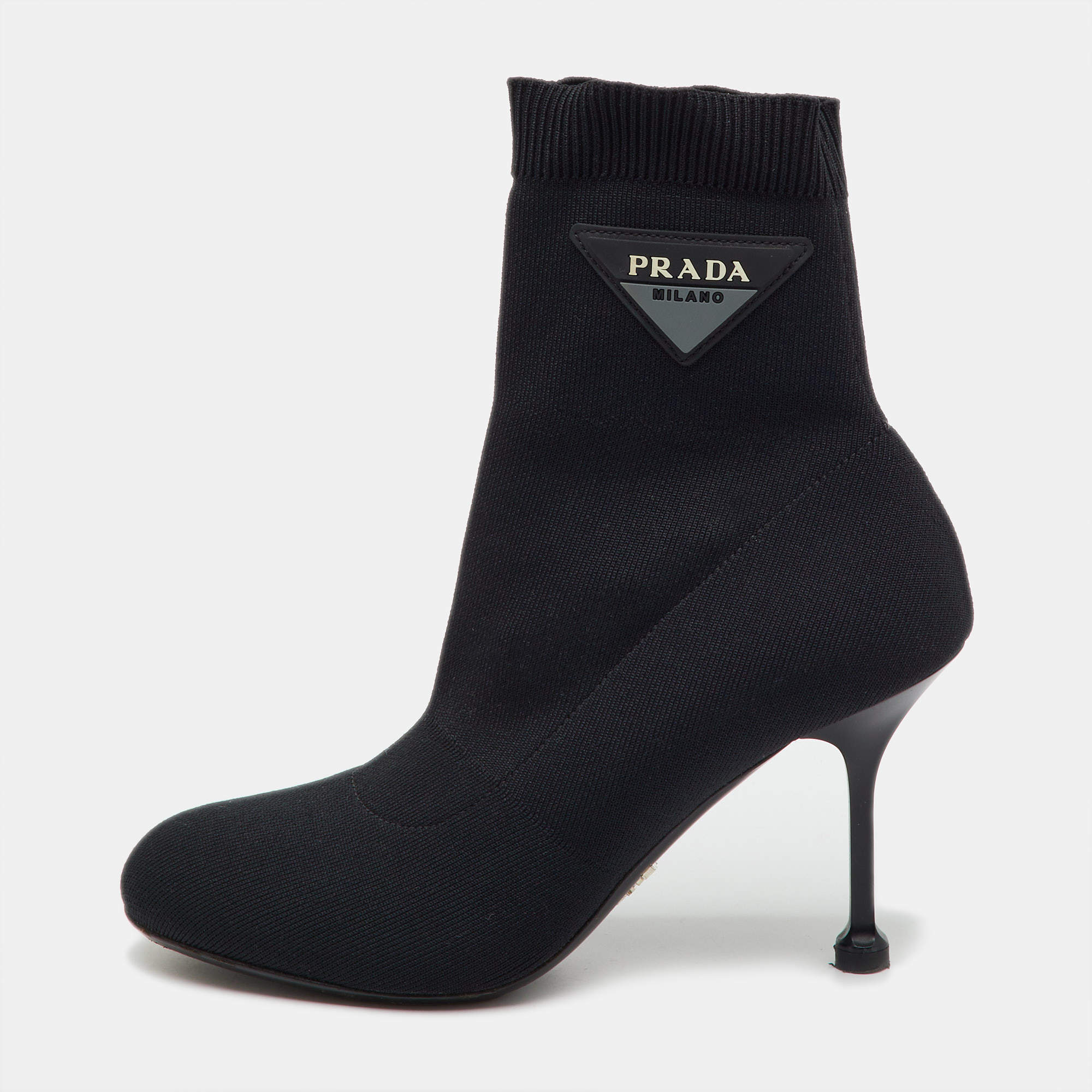 Pre Owned Prada Black Knit Fabric Logo Sock Ankle Booties Size 36.5