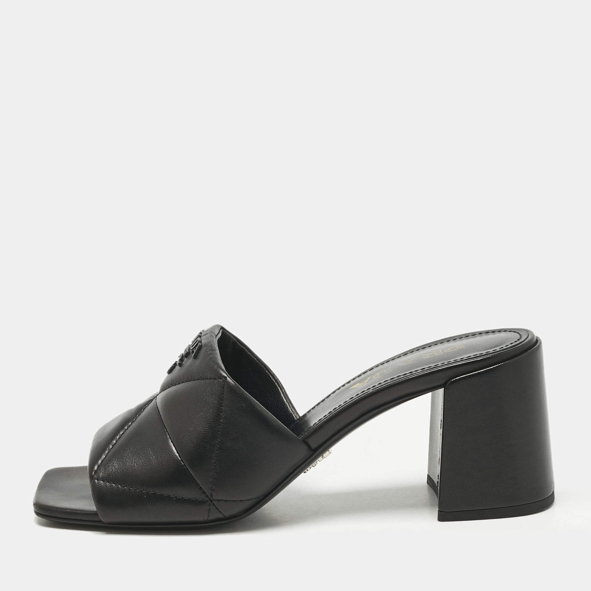 Pre Owned Prada Black Quilted Leather Block-Heel Slide Sandals Size 37